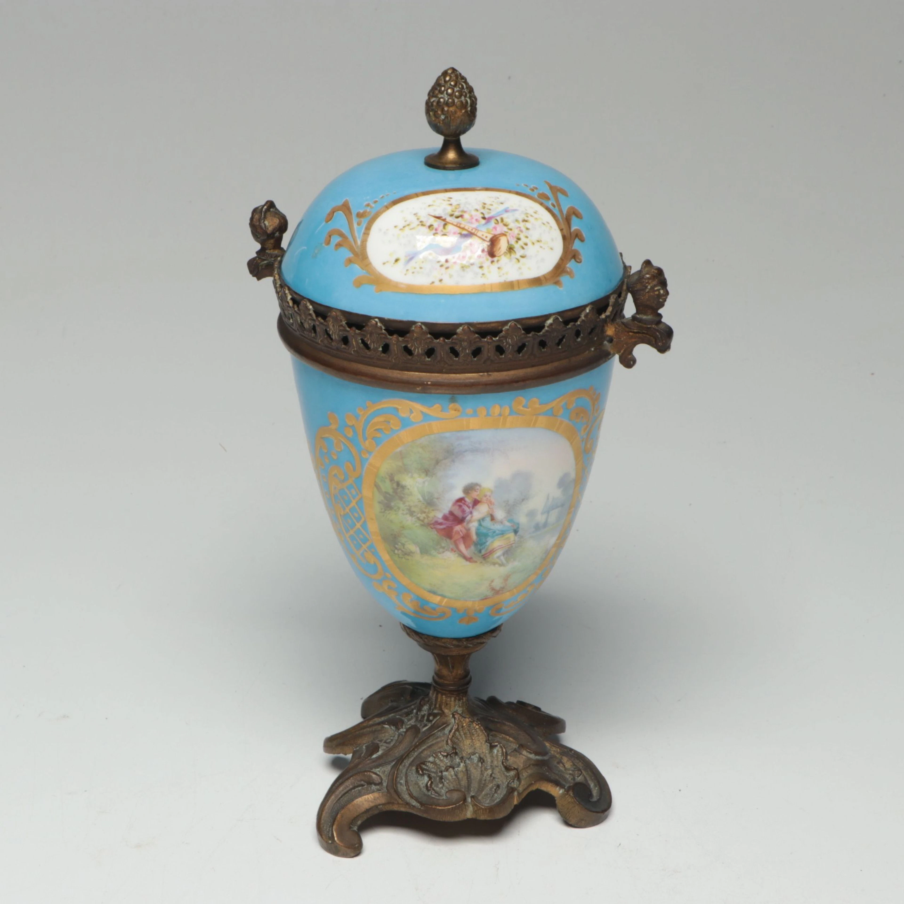 Sèvres Style Bleu Céleste Porcelain and Gilt Finished Potpourri Vase