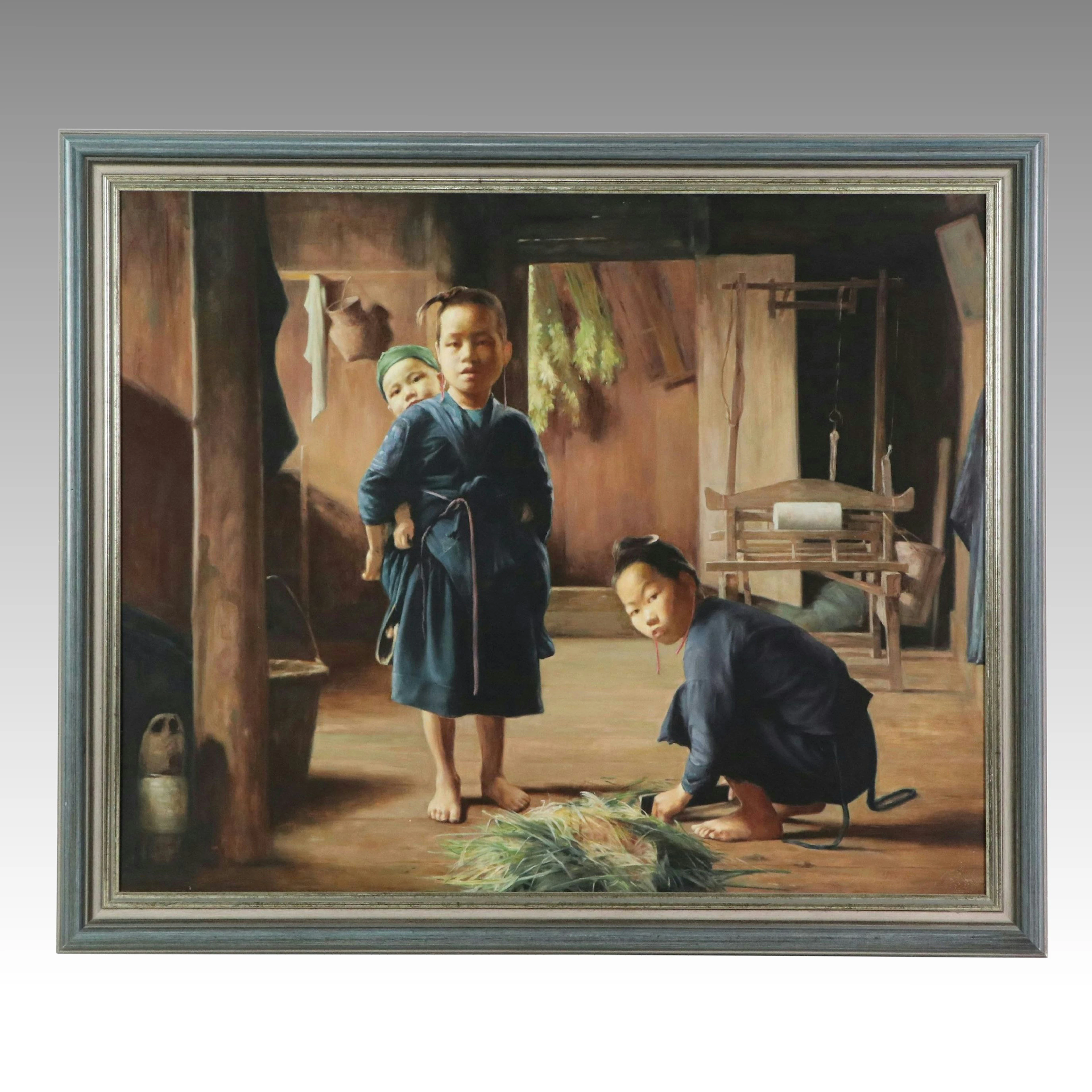 Zhang Yibo Oil Painting of Three Children in Rural Home, 1996