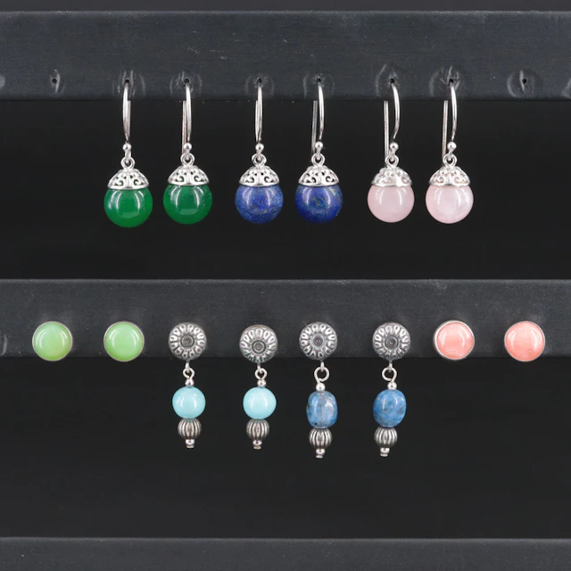 Relios, Lapis Lazuli, Rose Quartz and Green Onyx Featured in Sterling Earrings