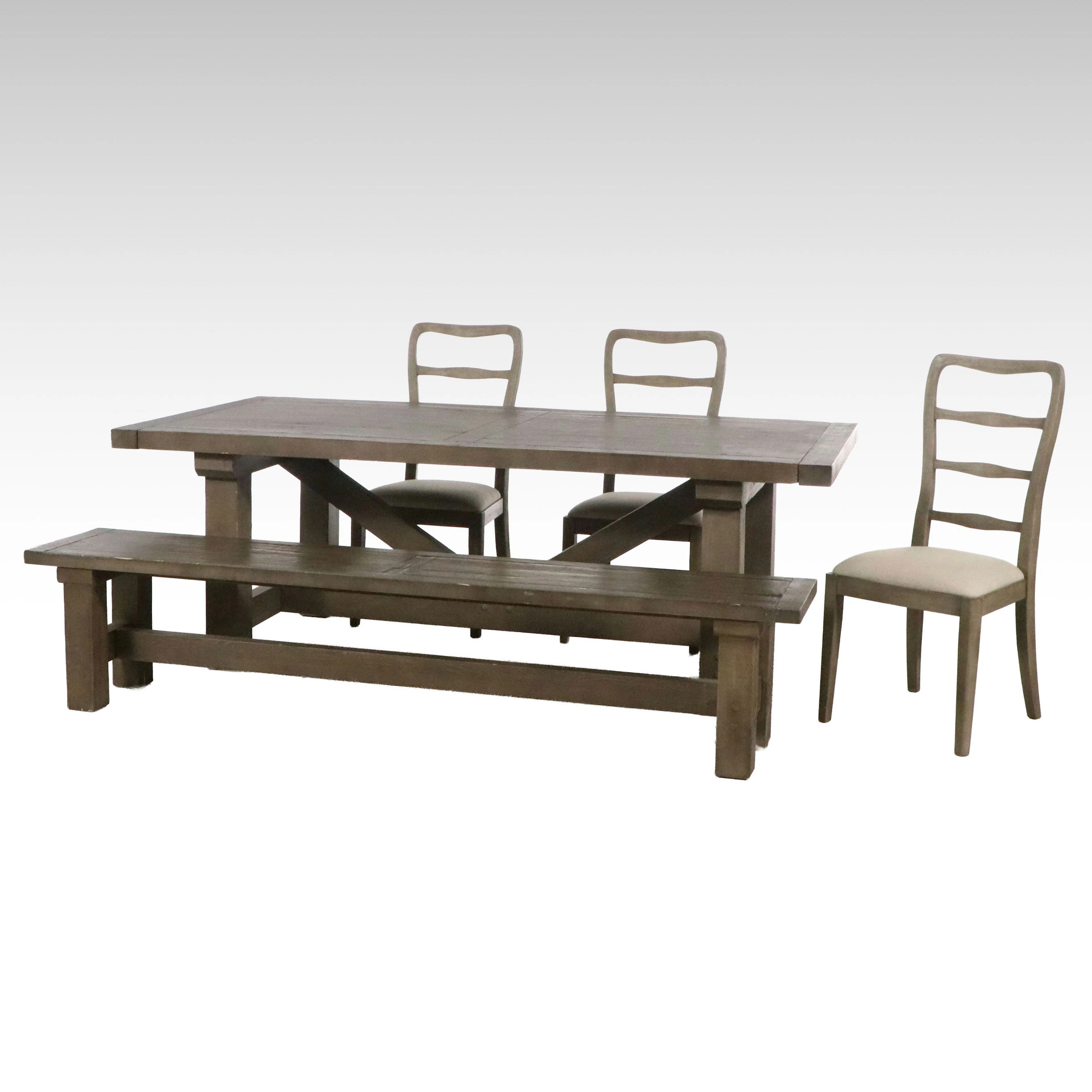 French Provincial Style Trestle Dining Table, Bench, and Chair Set