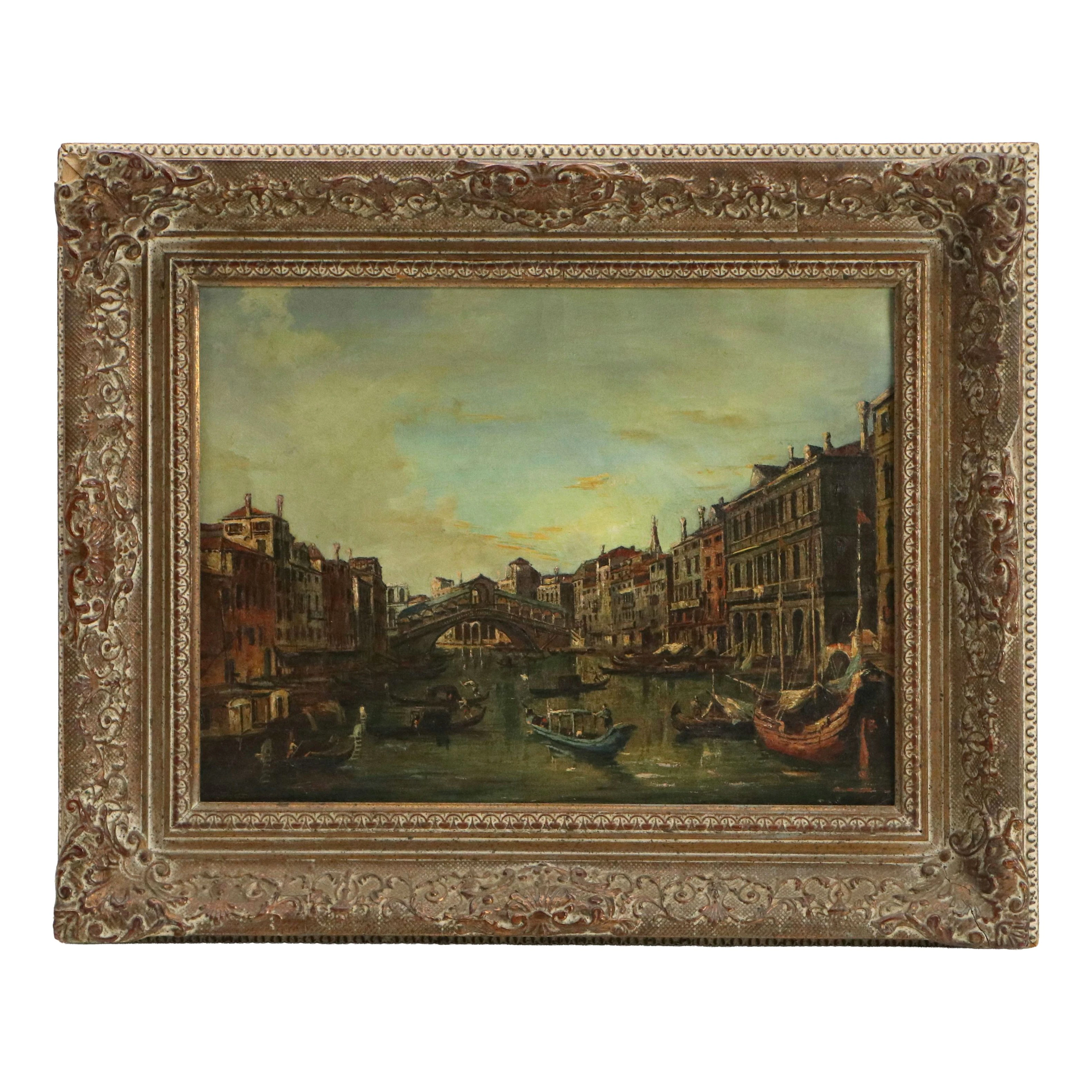 Antique Grand Tour Oil Painting of the Grand Canal with Rialto Bridge, Venice