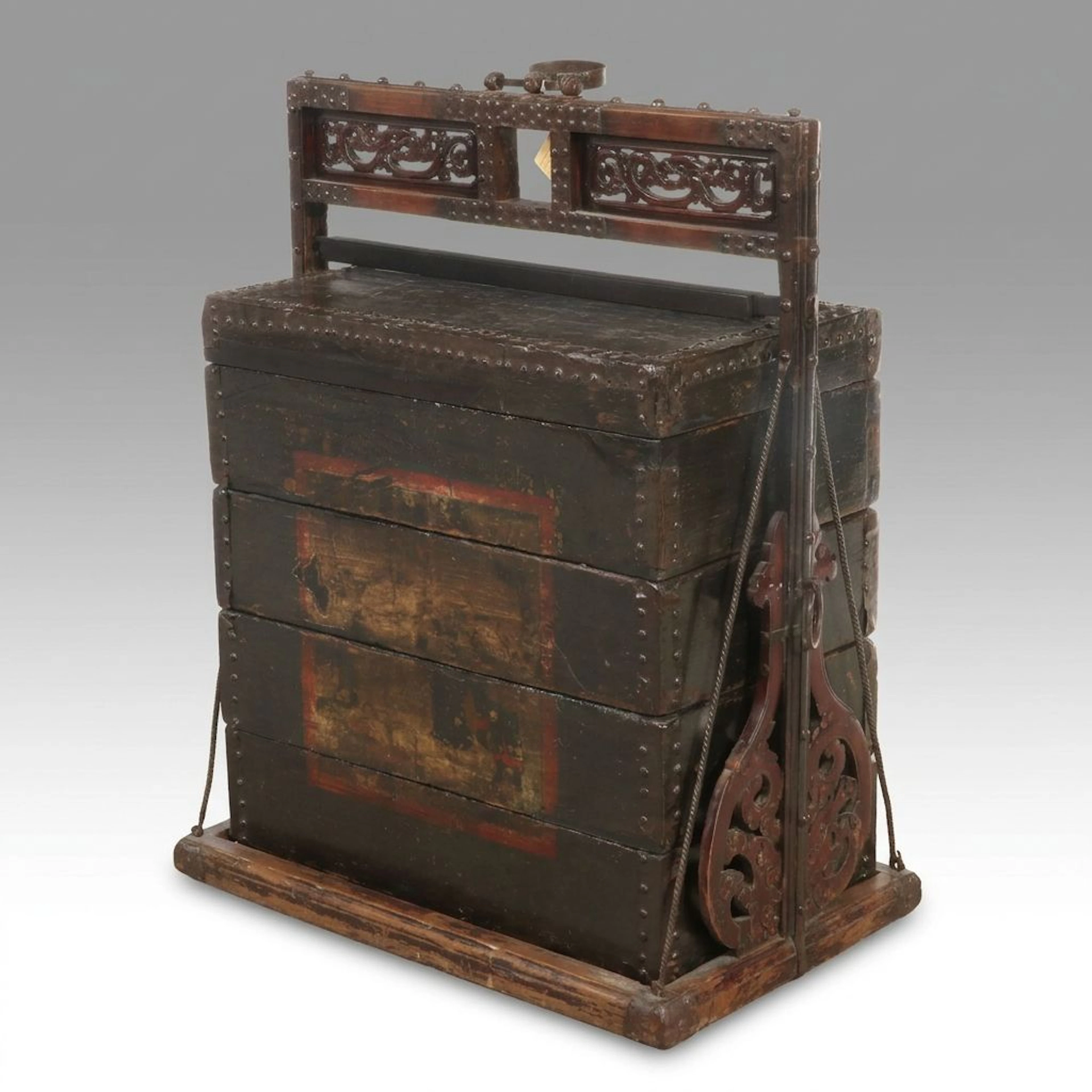 Chinese Stacking Wedding Basket with Carved Wood Frame, 20th Century