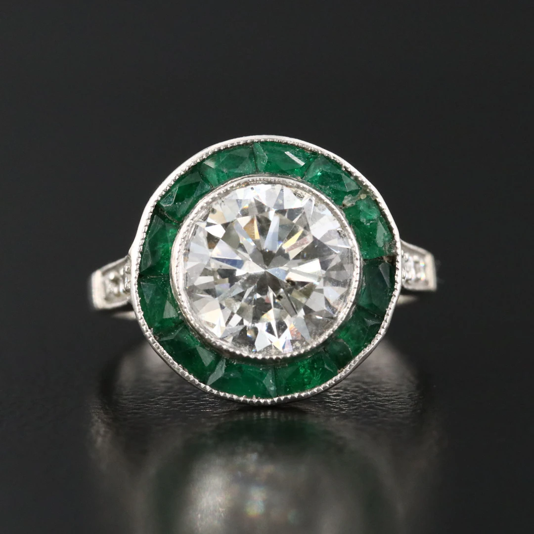 Art Deco Platinum 2.10 CT Diamond and Emerald Halo Ring