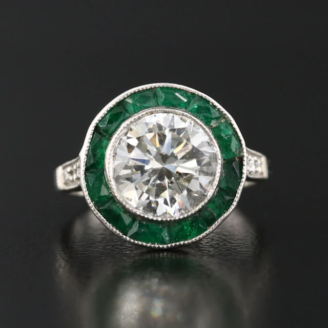 Art Deco Platinum 2.10 CT Diamond and Emerald Halo Ring