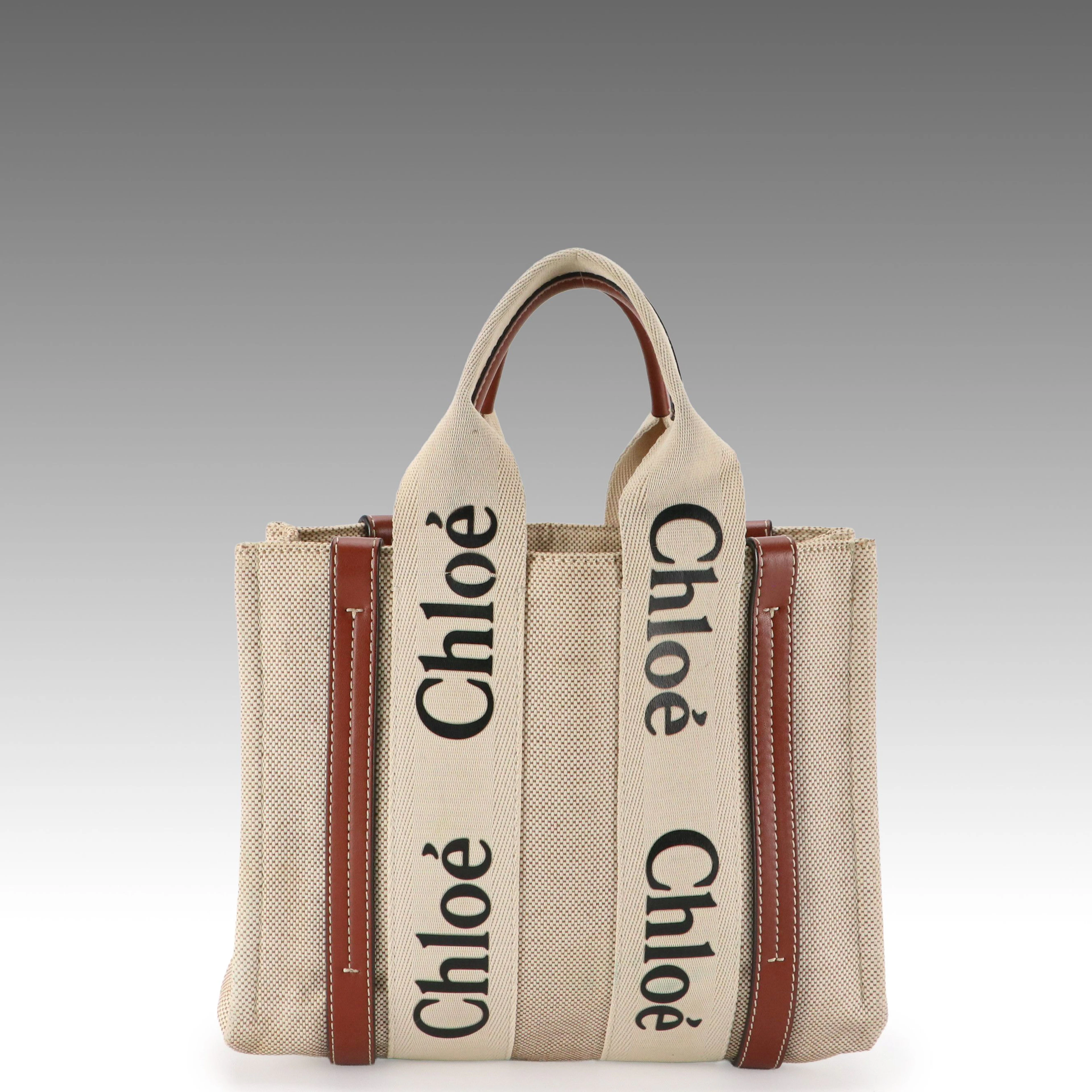 Chloé Small Woody Tote Bag in Beige Cotton Canvas and Brown Leather Trim