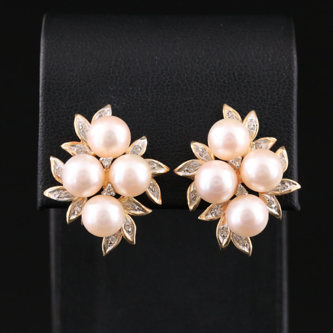 14K Pearl and Diamond Cluster Earrings