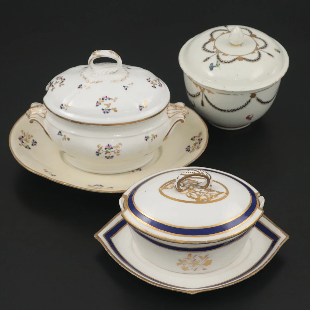 Royal Crown Derby and Chelsea Derby Floral Porcelain Tureens and Sugar, 19th C.