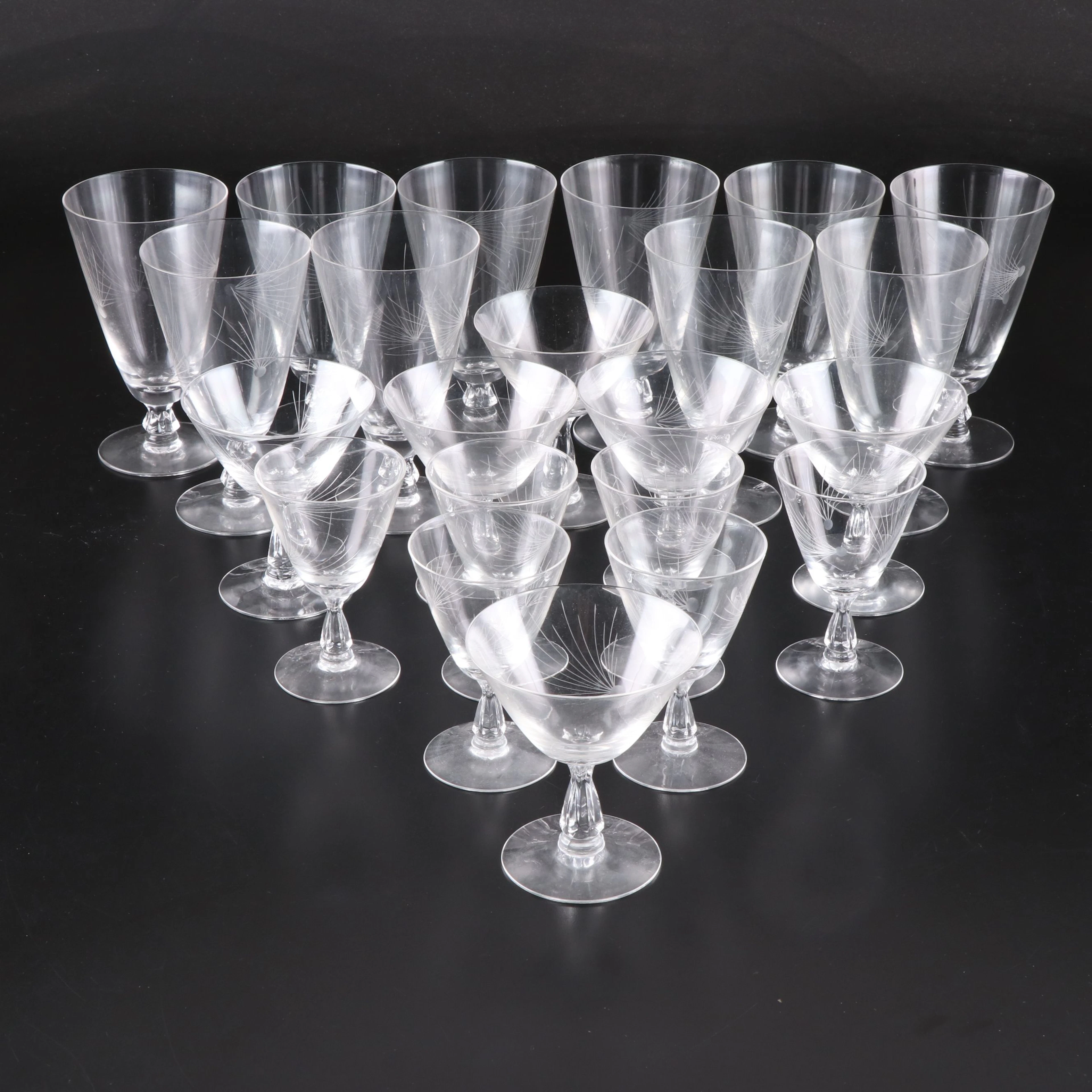 Fostoria "Pine" Cut Glass Champagne Coupes, Iced Tea and Wine Glasses