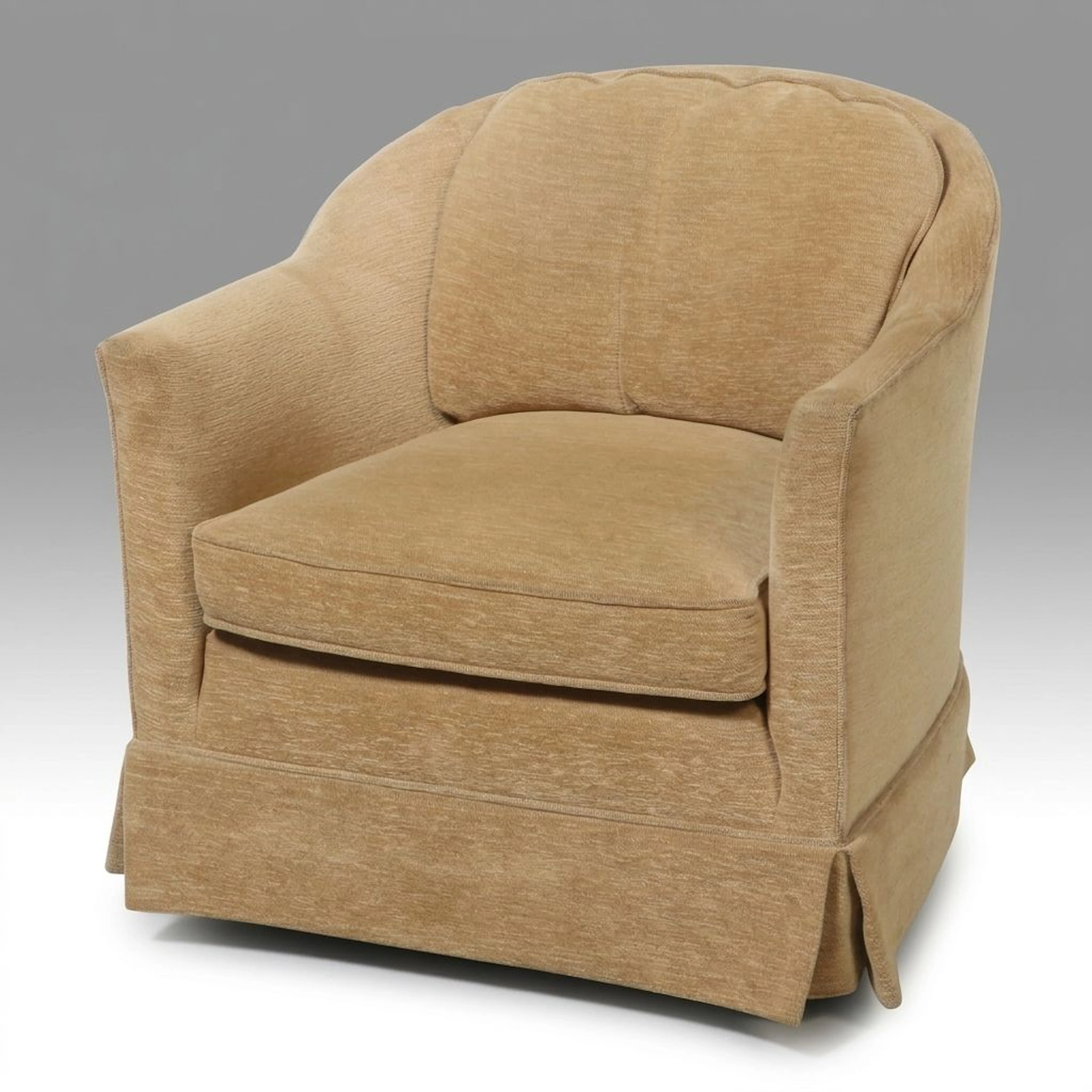Tan Upholstered Barrel Back Swivel Armchair, Late 20th Century