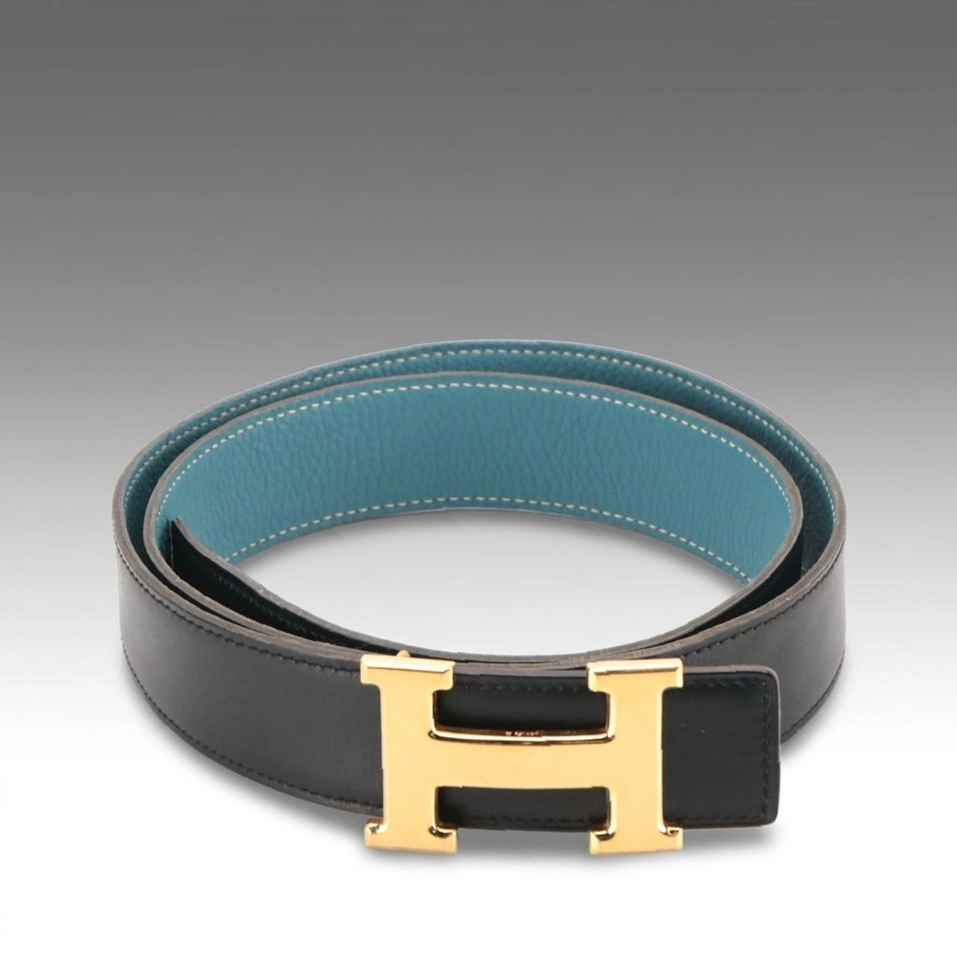 Hermés Gold Plated Constance H Reversible Belt in Black Box & Blue Togo Leather