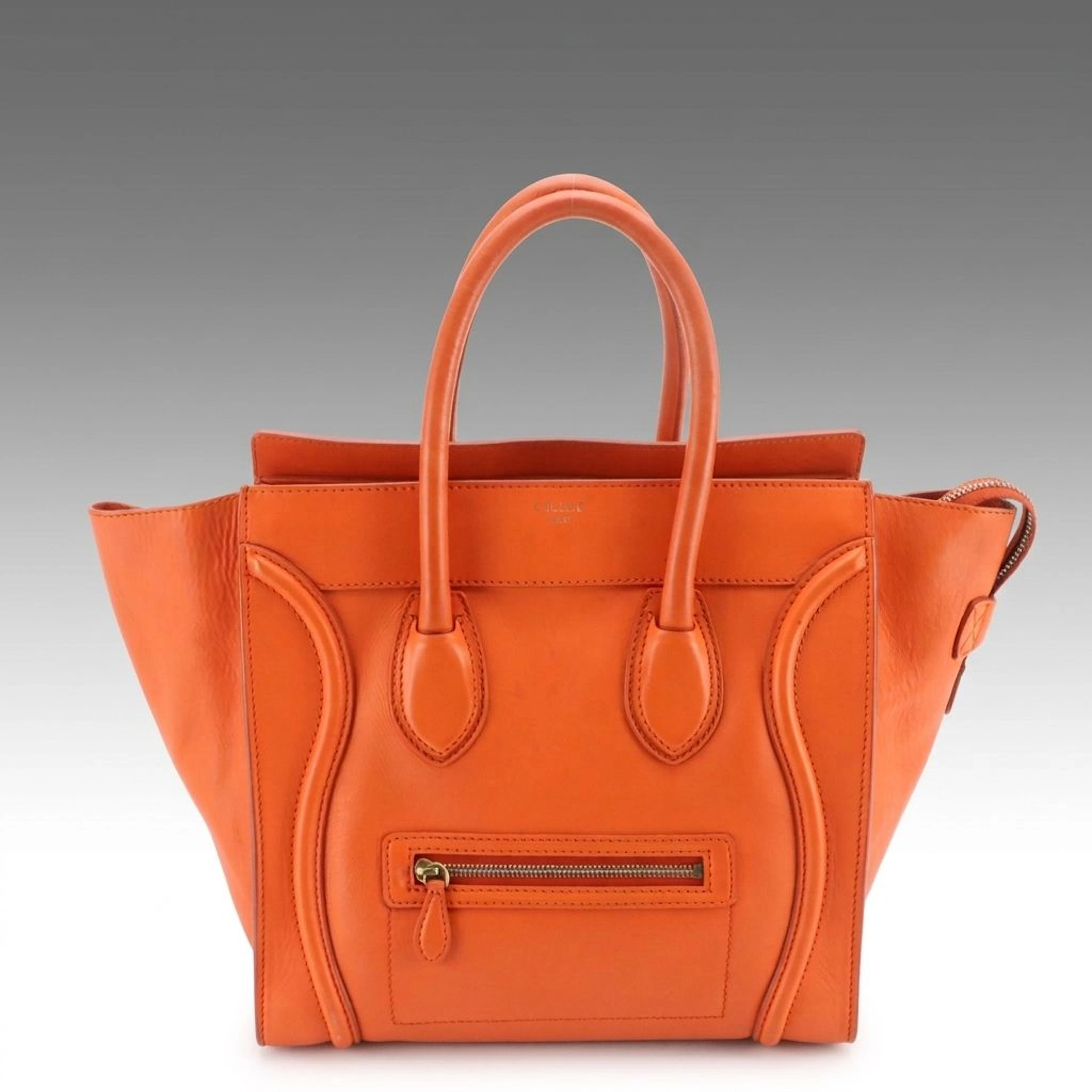 Céline Mini Luggage Zip Tote Bag in Orange Calfskin Leather