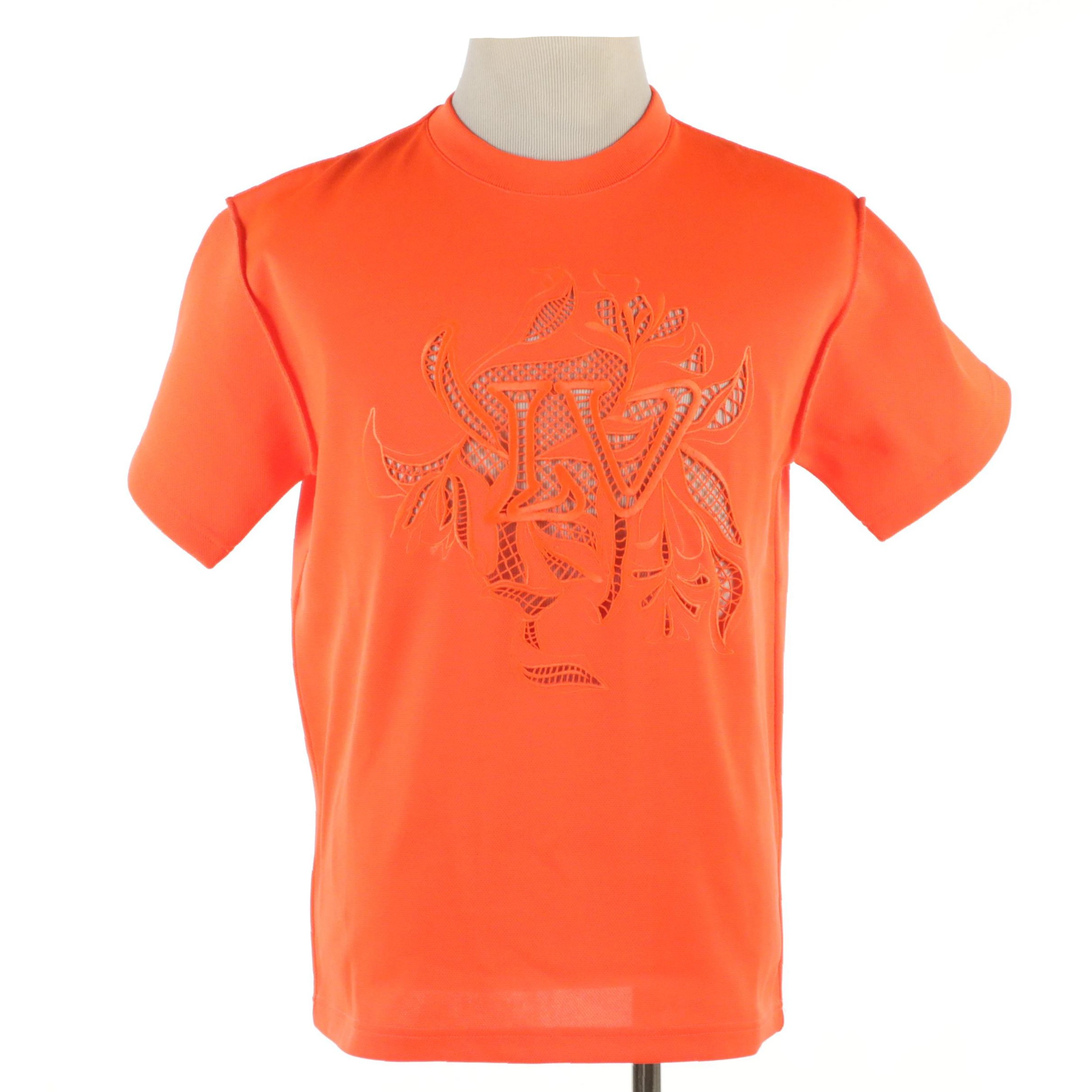 Men's Louis Vuitton LV Vegetal Lace Embroidery T-Shirt in Fluorescent Orange