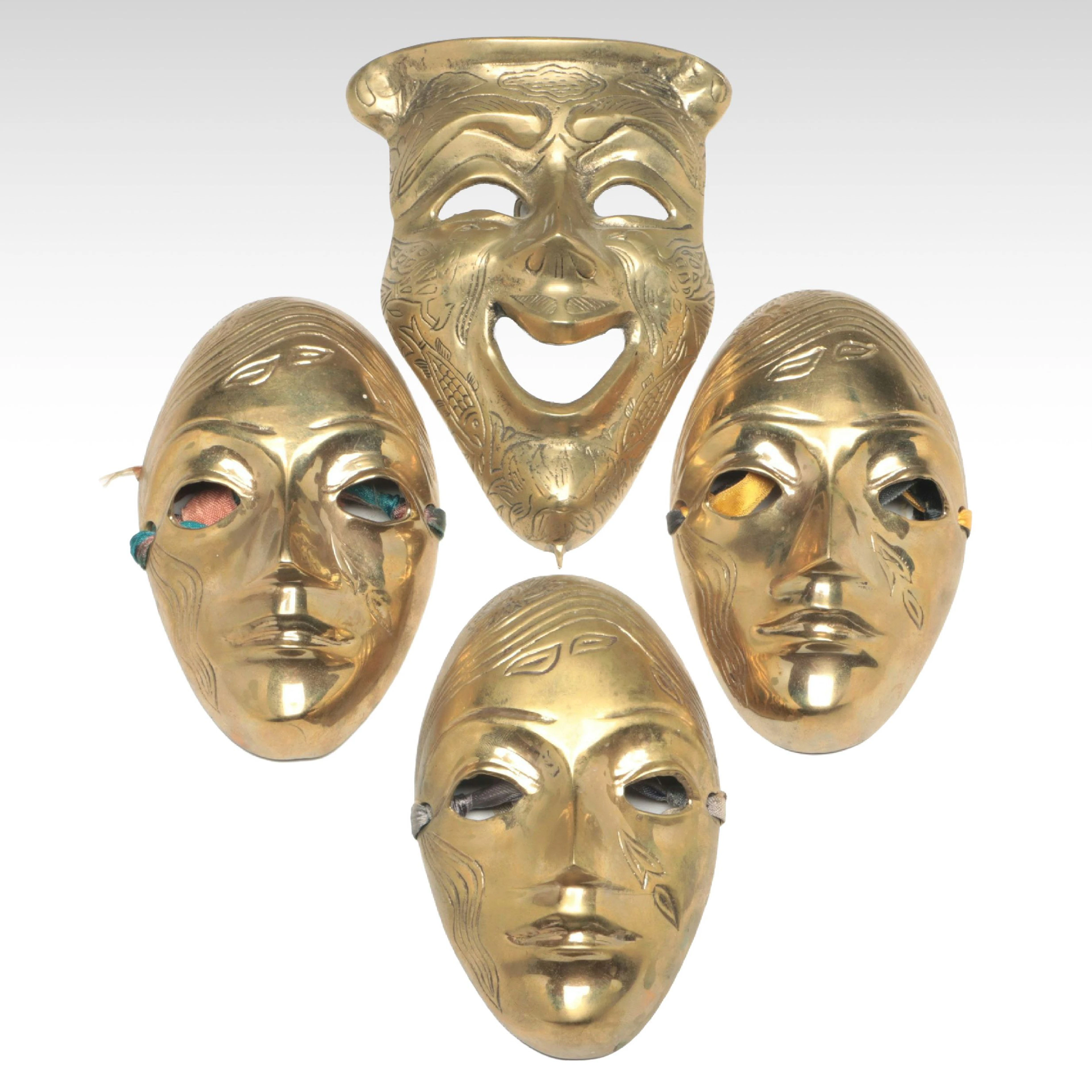 Indian Mid Century Modern Style Etched Brass Carnival and Theater Masks