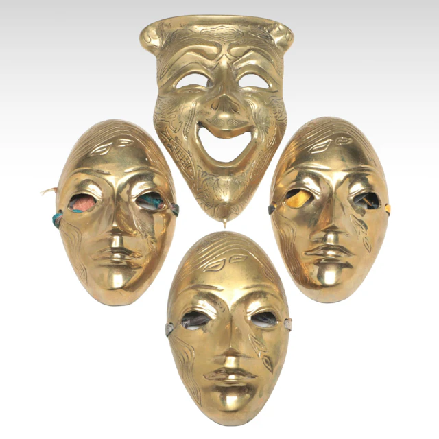 Indian Mid Century Modern Style Etched Brass Carnival and Theater Masks