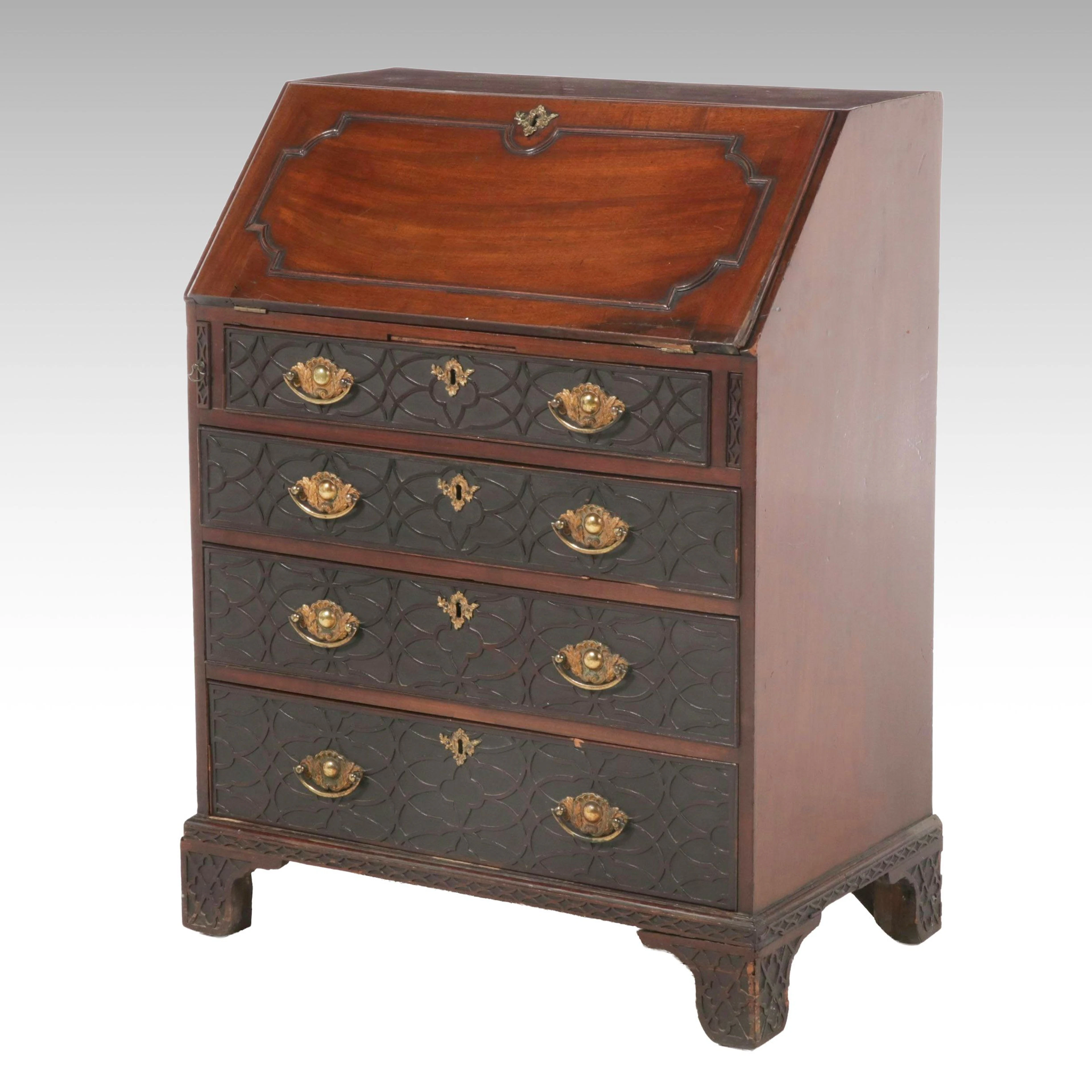 Chinese Chippendale Revival Carved Mahogany Secretary Desk, 20th Century