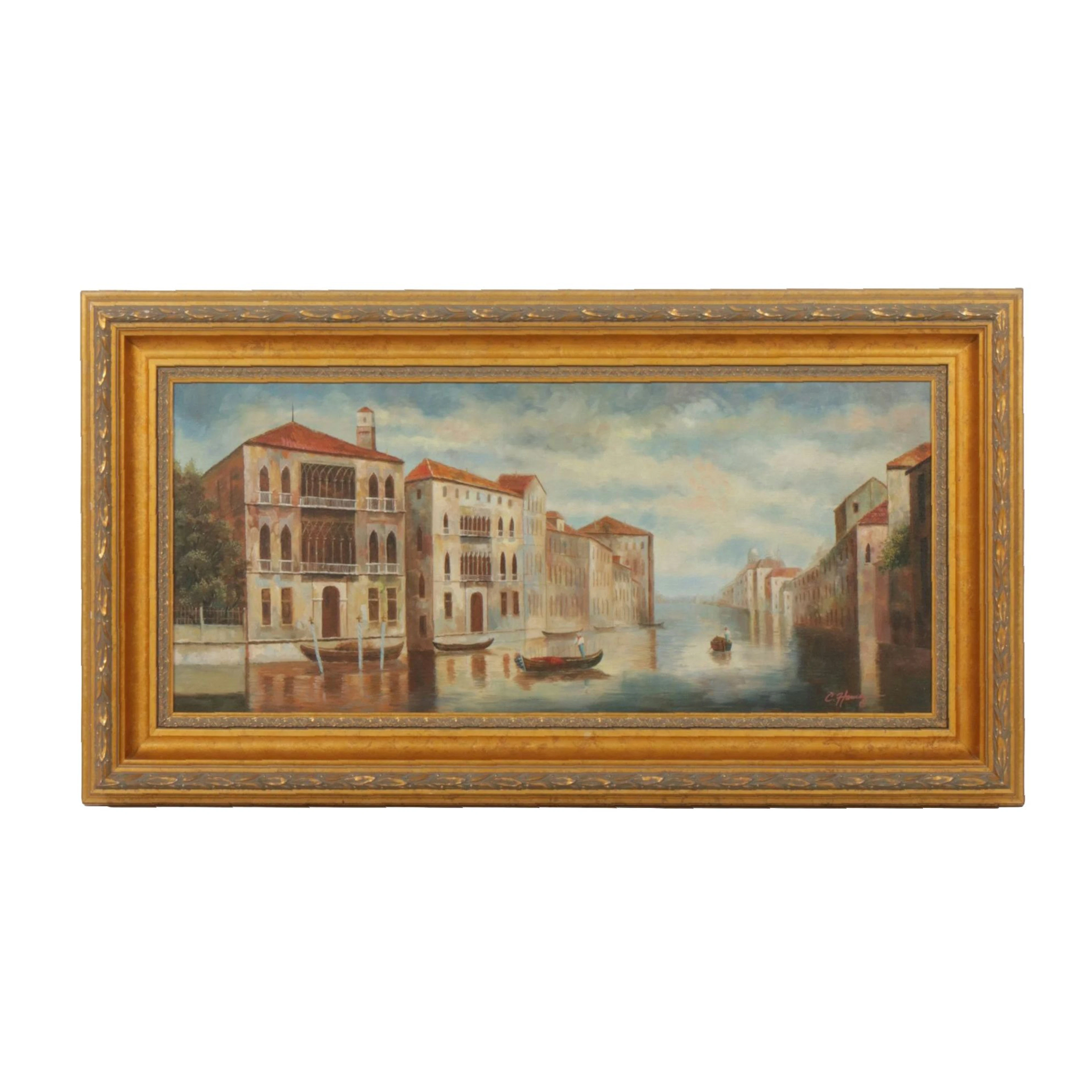 Venetian Canal Scene Oil Painting by C. Harvey, Late 20th Century