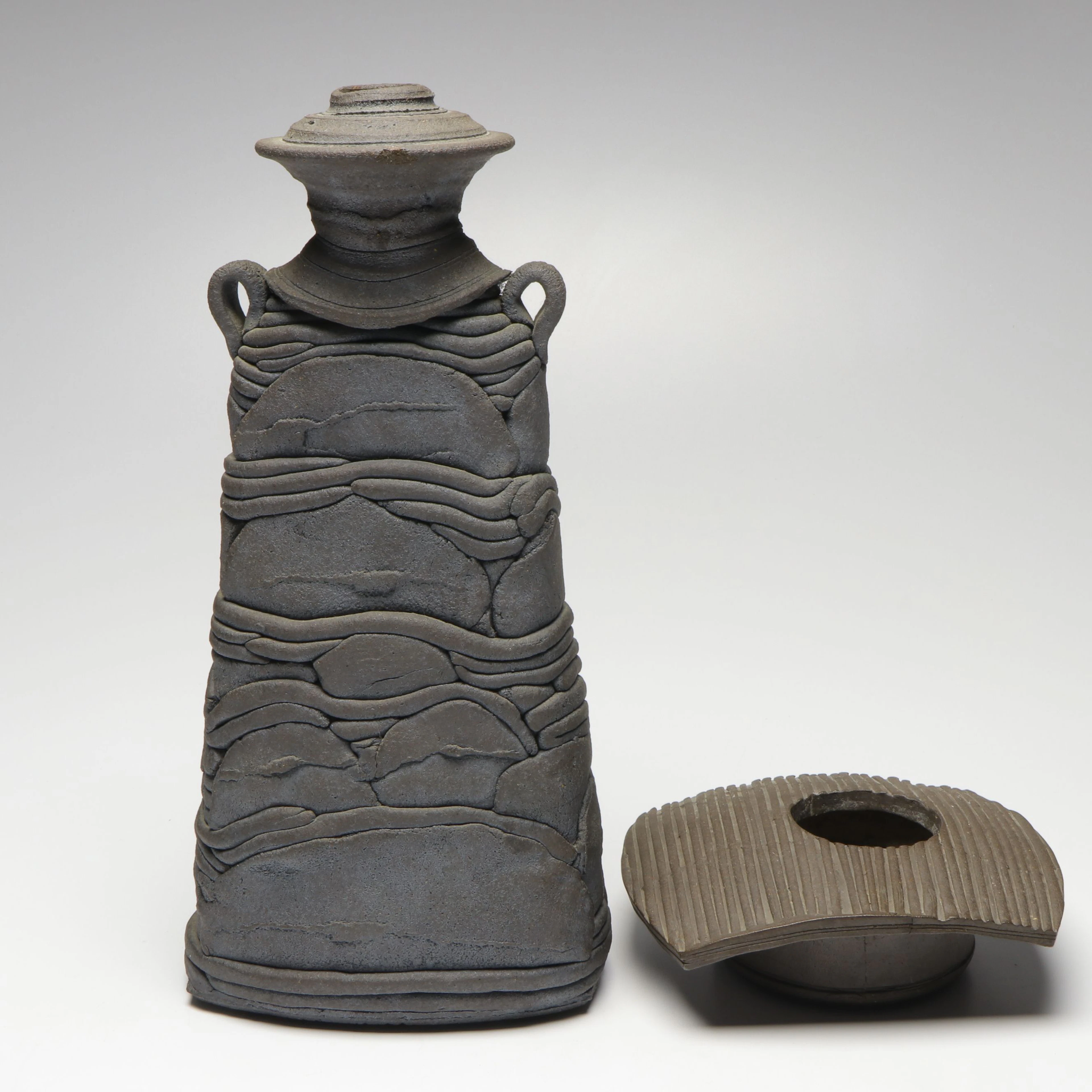 Hage Studio Art Pottery Coiled Ceramic Vase with Flower Frog