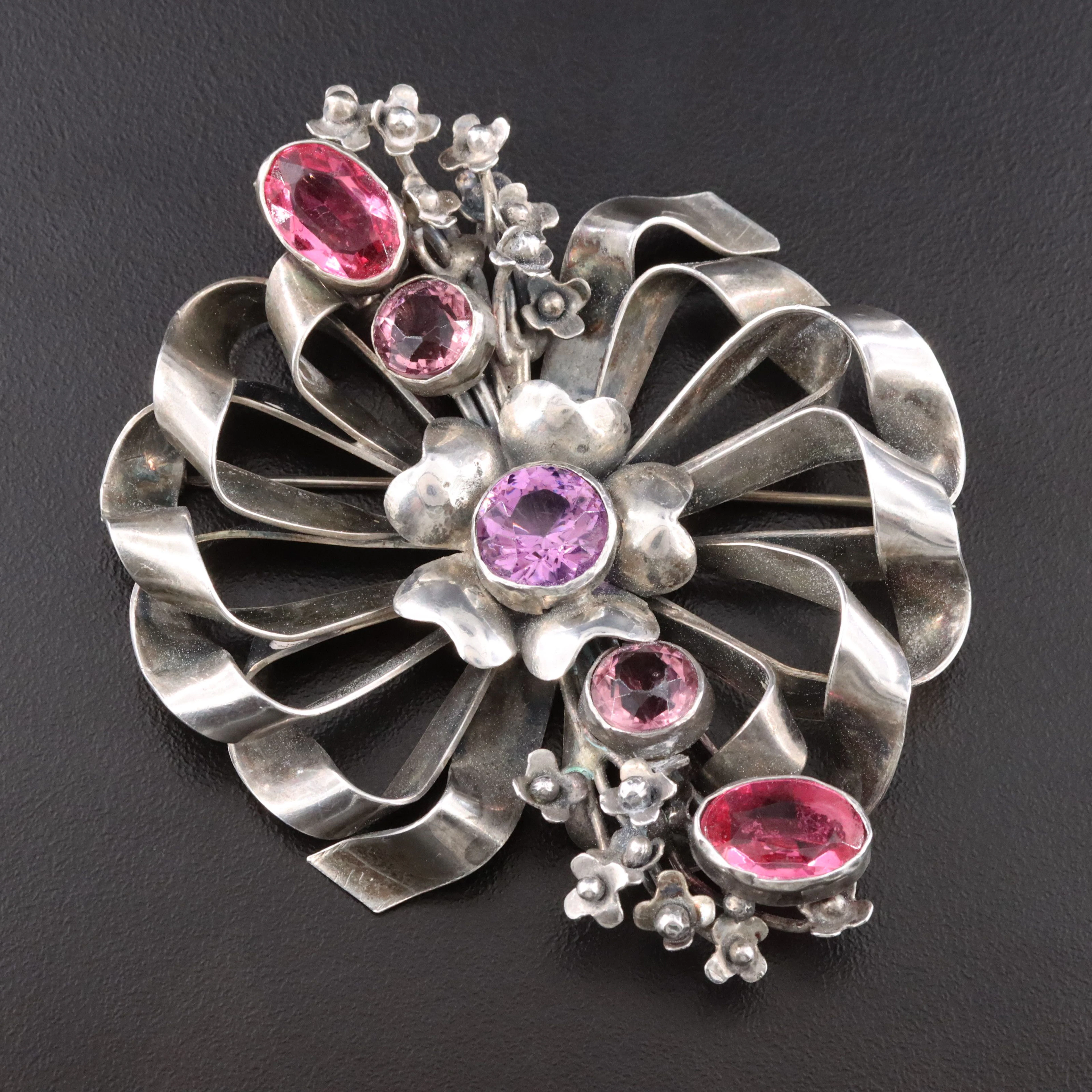 1940s Hobé Sterling Floral Ribbon Brooch