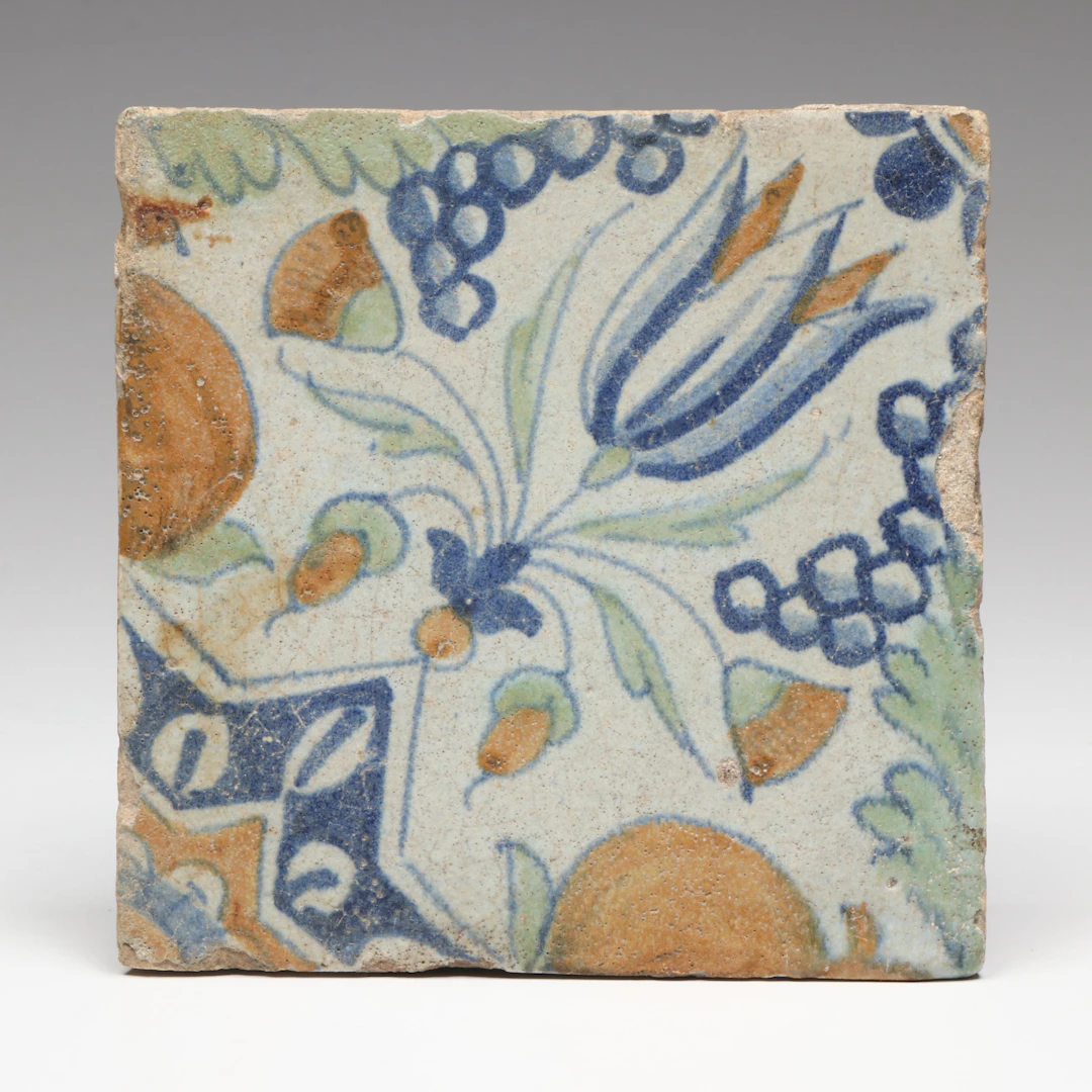 Antique Delft Polychrome Floral Tile, 17th Century