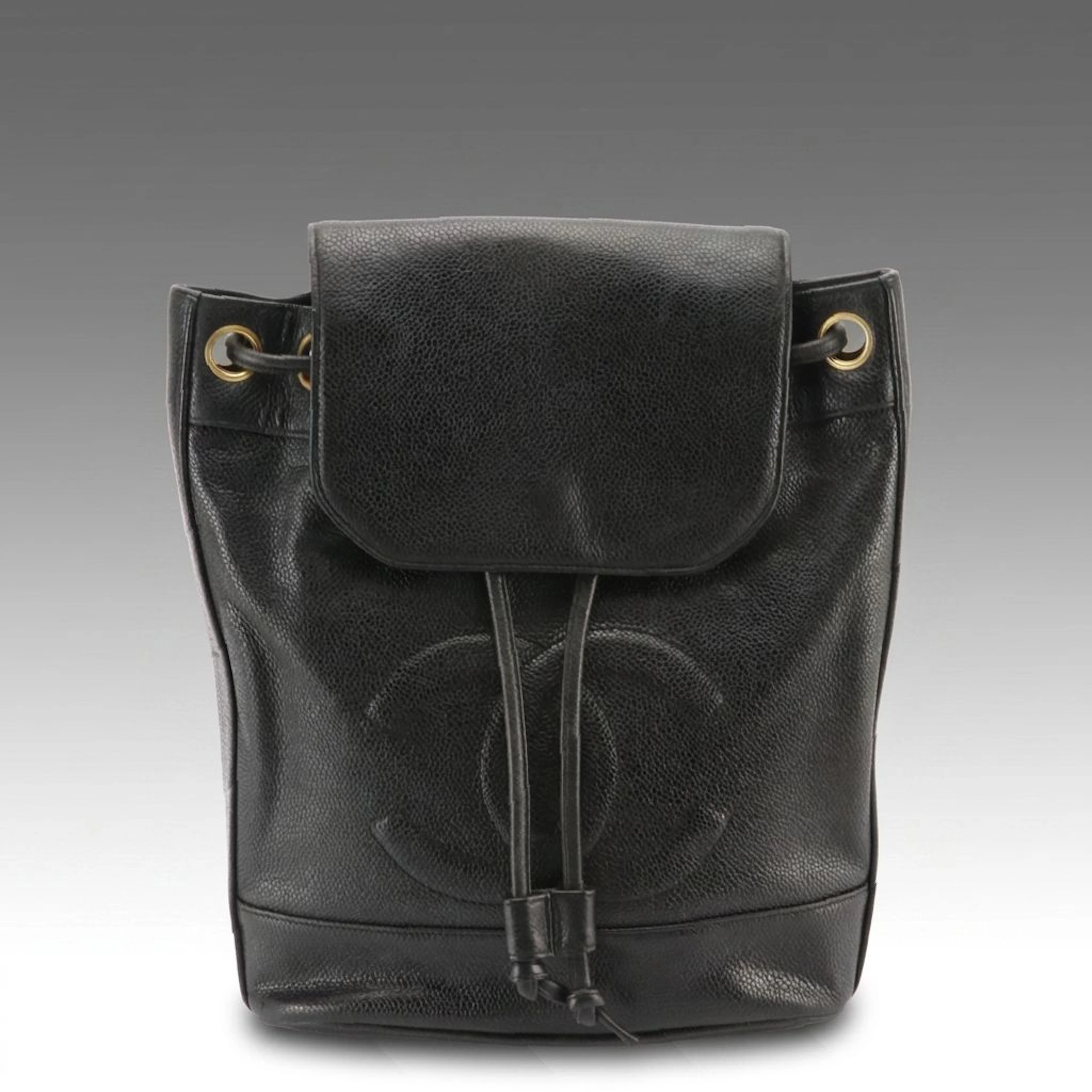 Chanel Small CC Stitched Drawstring Backpack in Black Caviar Leather