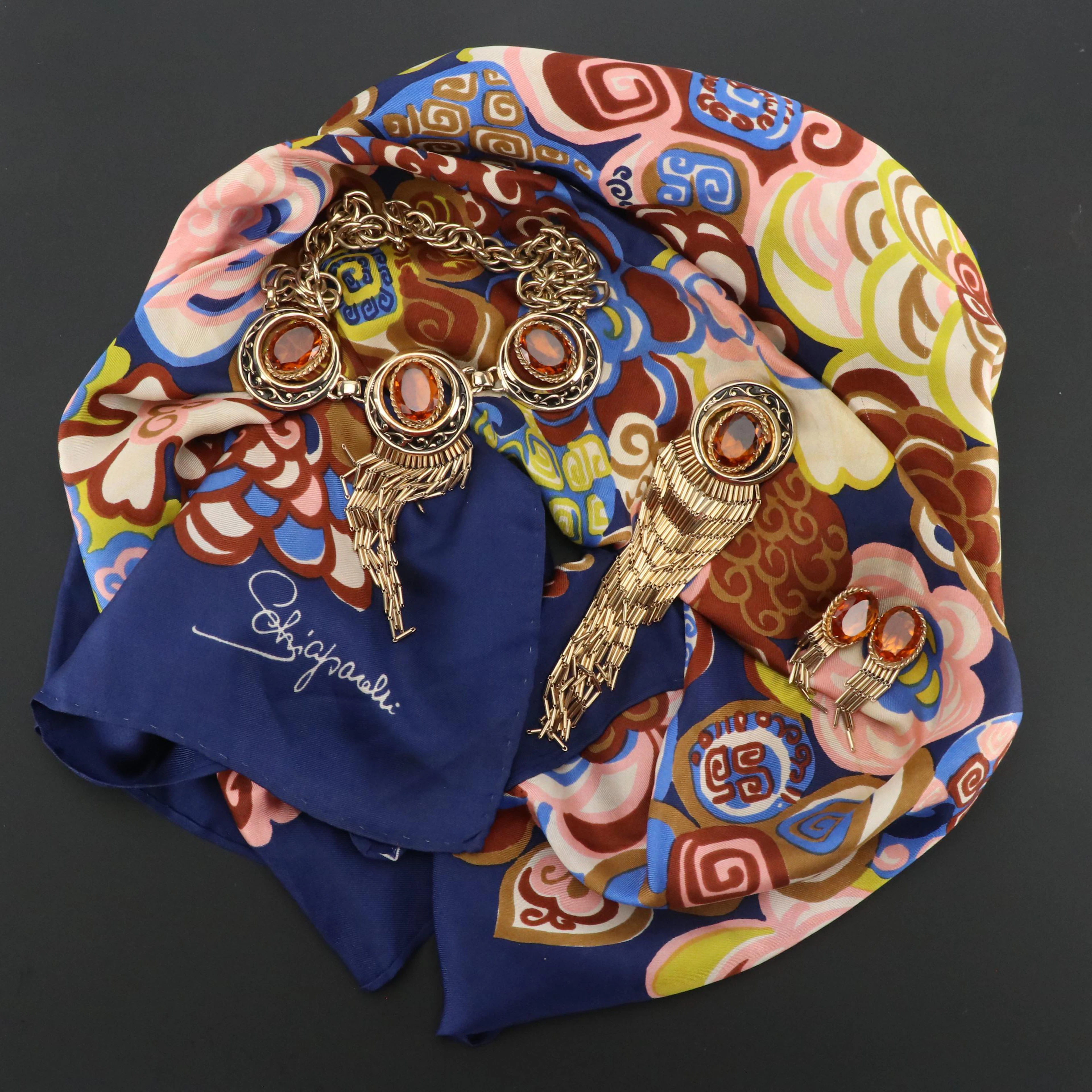 Elsa Schiaparelli 3-Piece Costume Jewelry Suite and Silk Twill Scarf