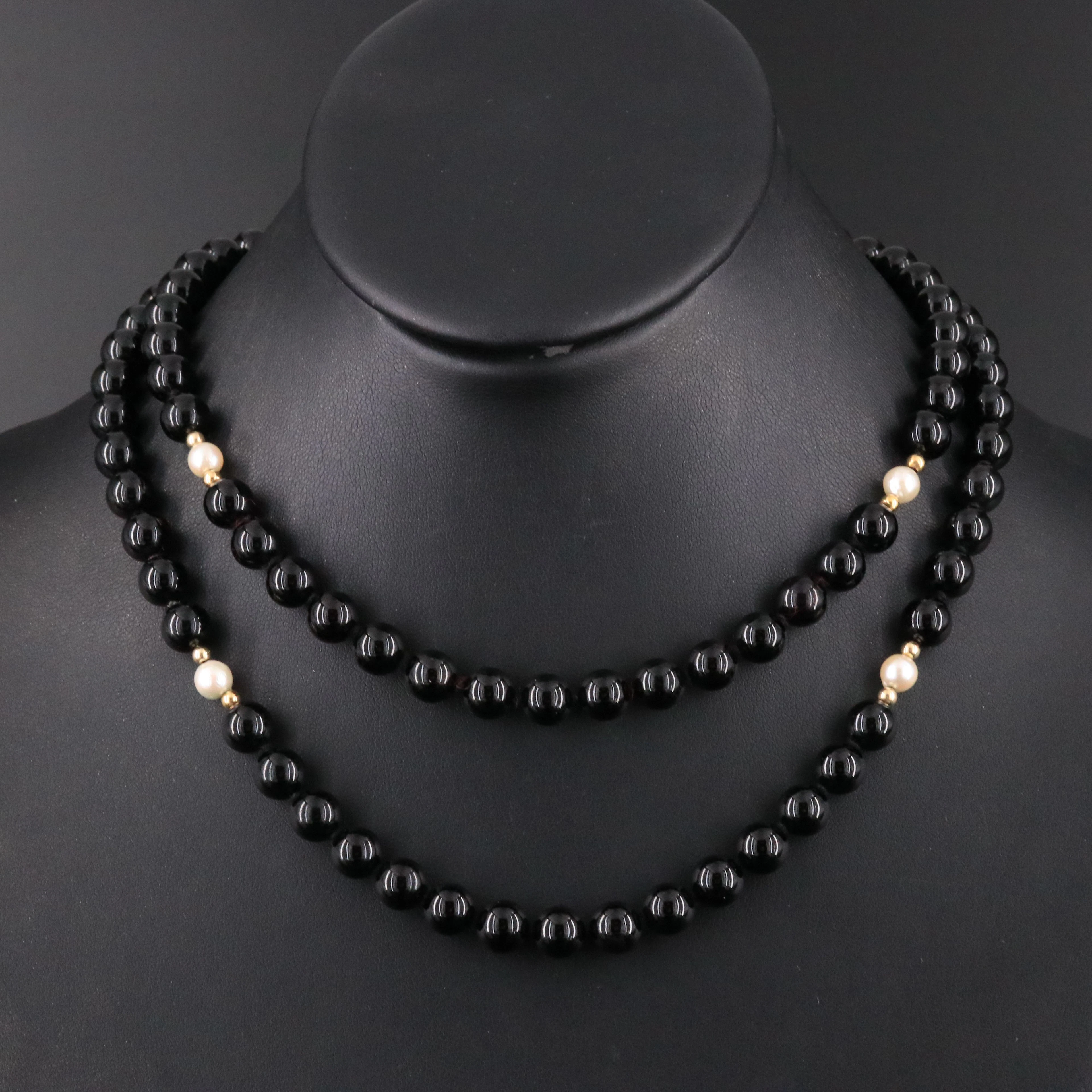 Black Onyx and Pearl Necklace with 14K Beads