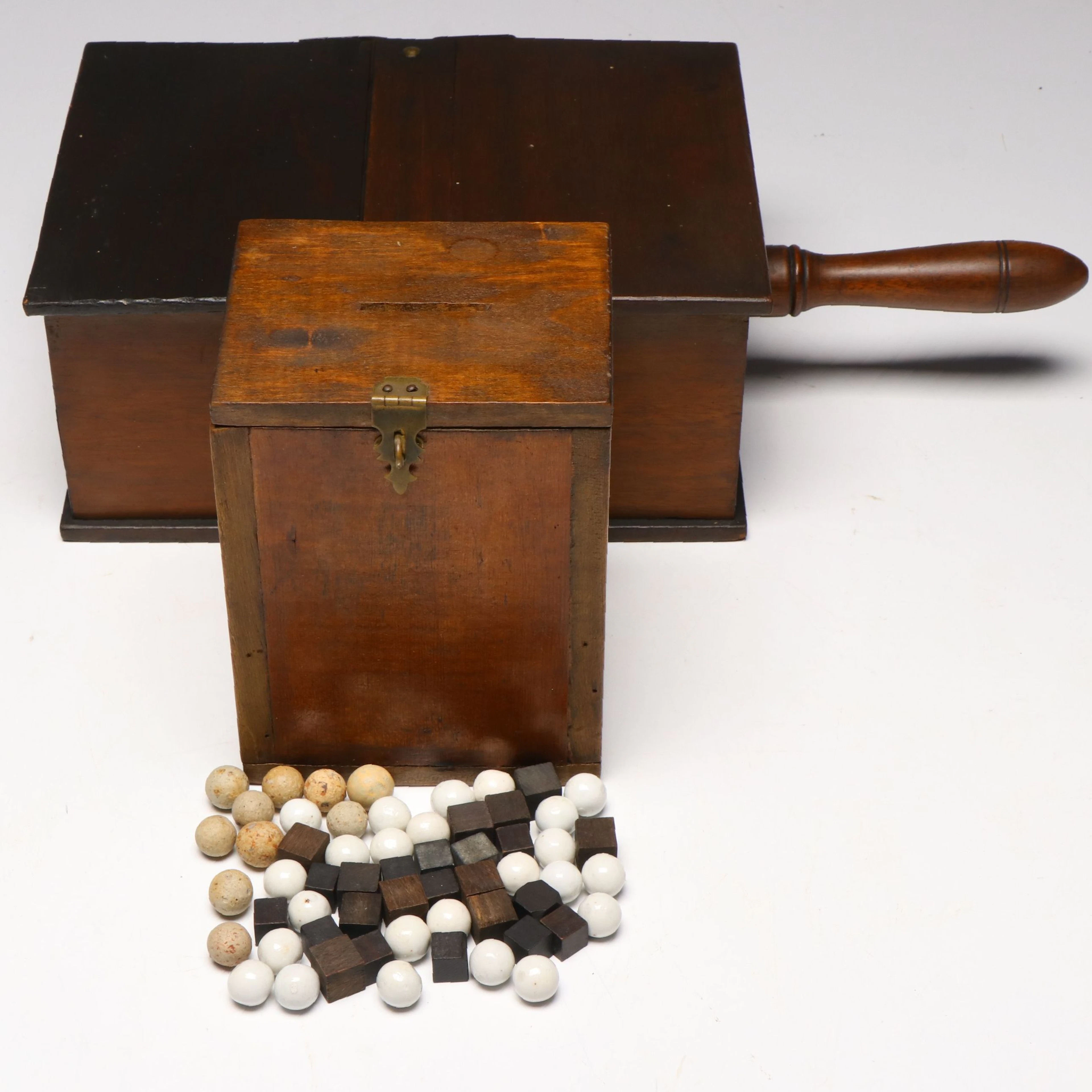 Wood Masonic Voting Box and Clay Marbles with Other Ballot Box