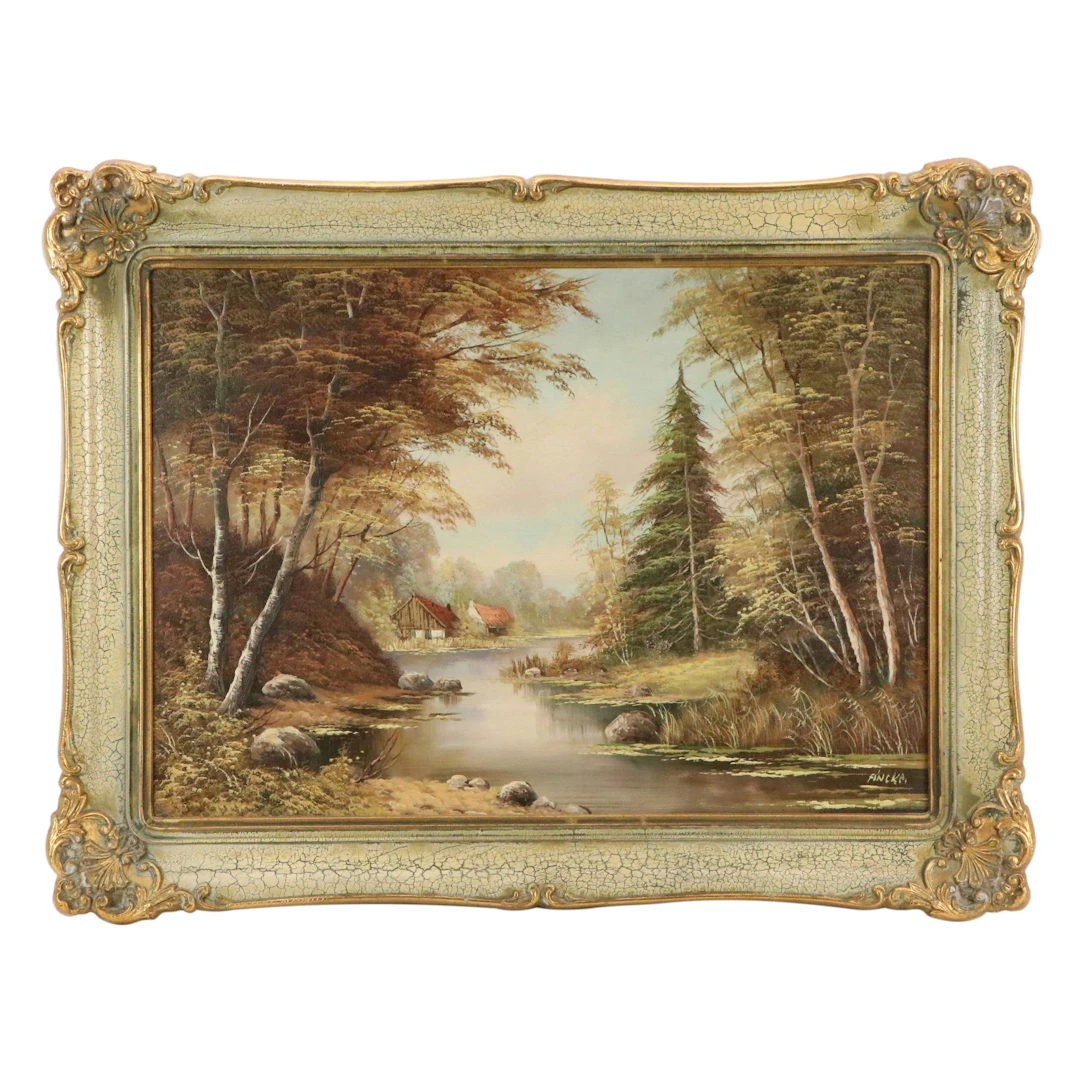 Oil Painting of Autumnal Woodland Landscape Scene, 20th Century