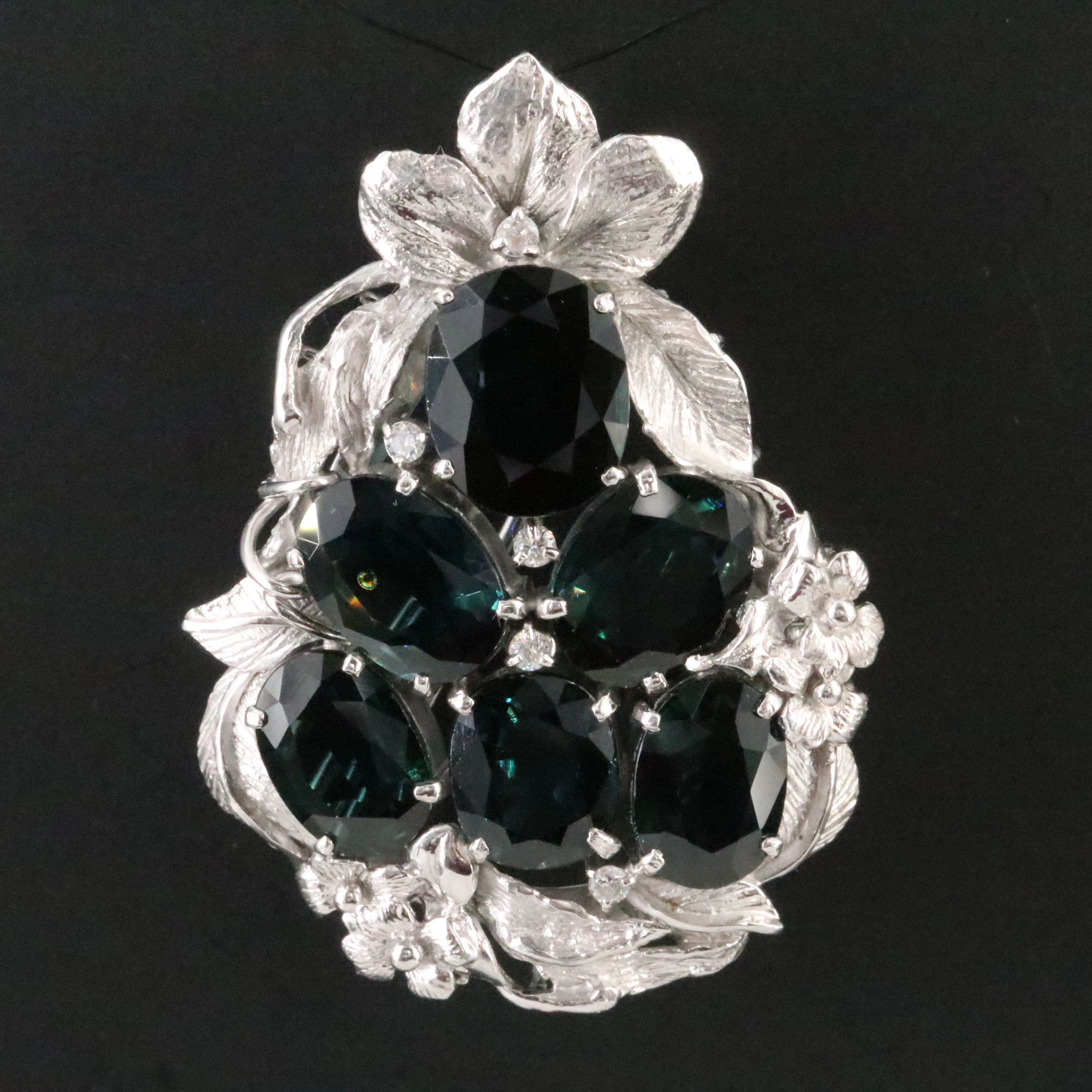 Platinum 17.00 CTW Blue and Green Sapphire and Diamond Floral Pendant Brooch