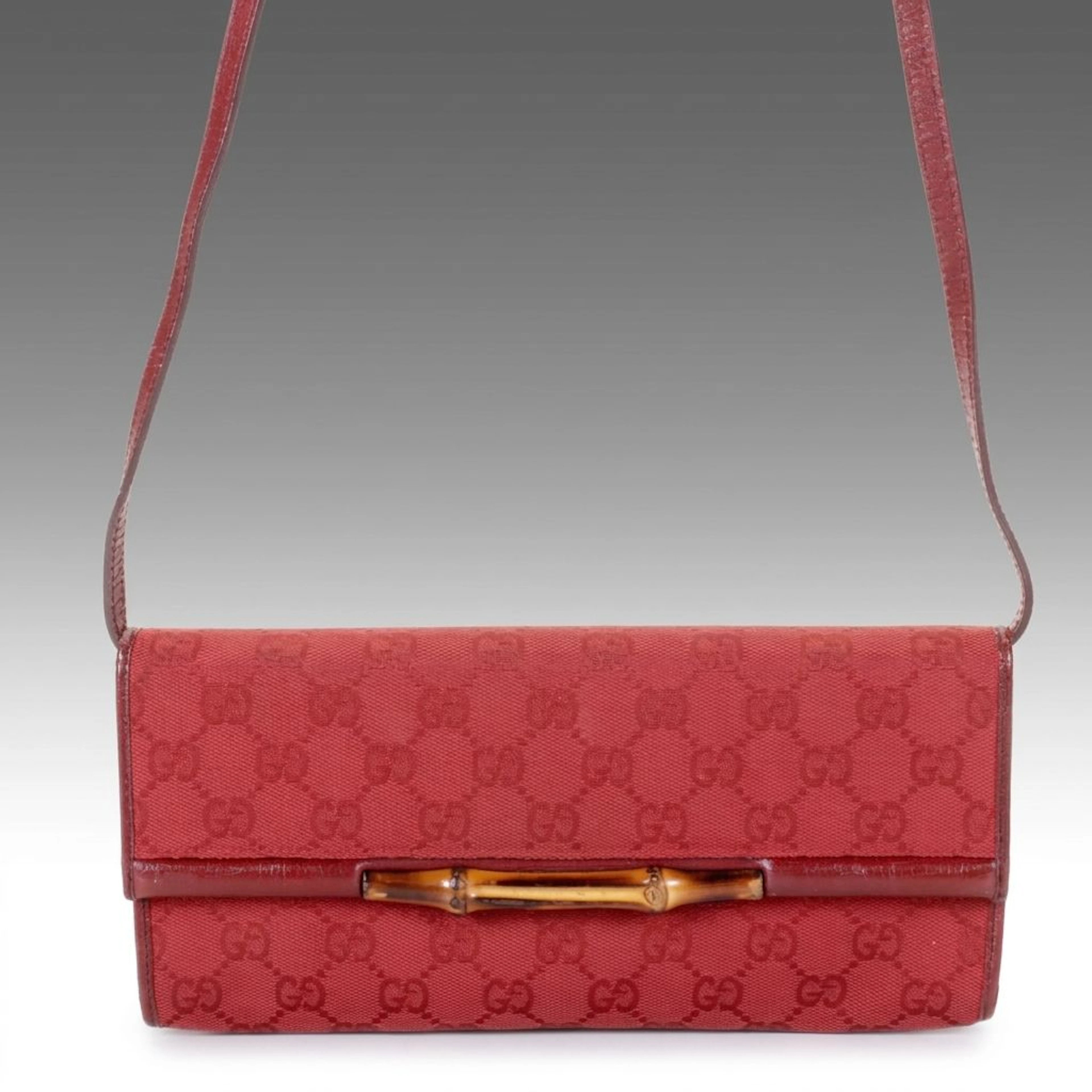 Gucci Bamboo Bar Clutch Handbag in Cinnamon Red GG Canvas and Leather
