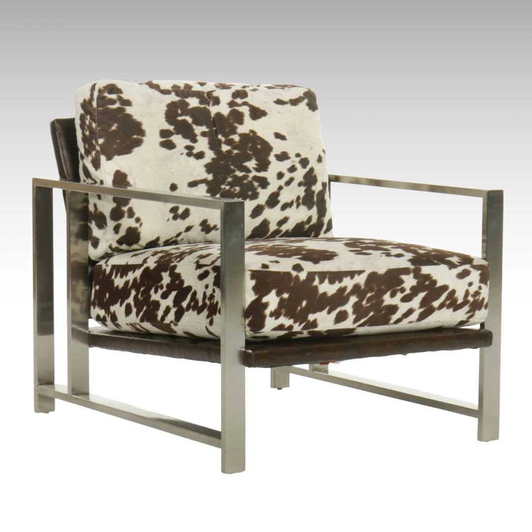 Broyhill Modern Chrome Armchair with Faux Leather and Cowhide-Print Upholstery