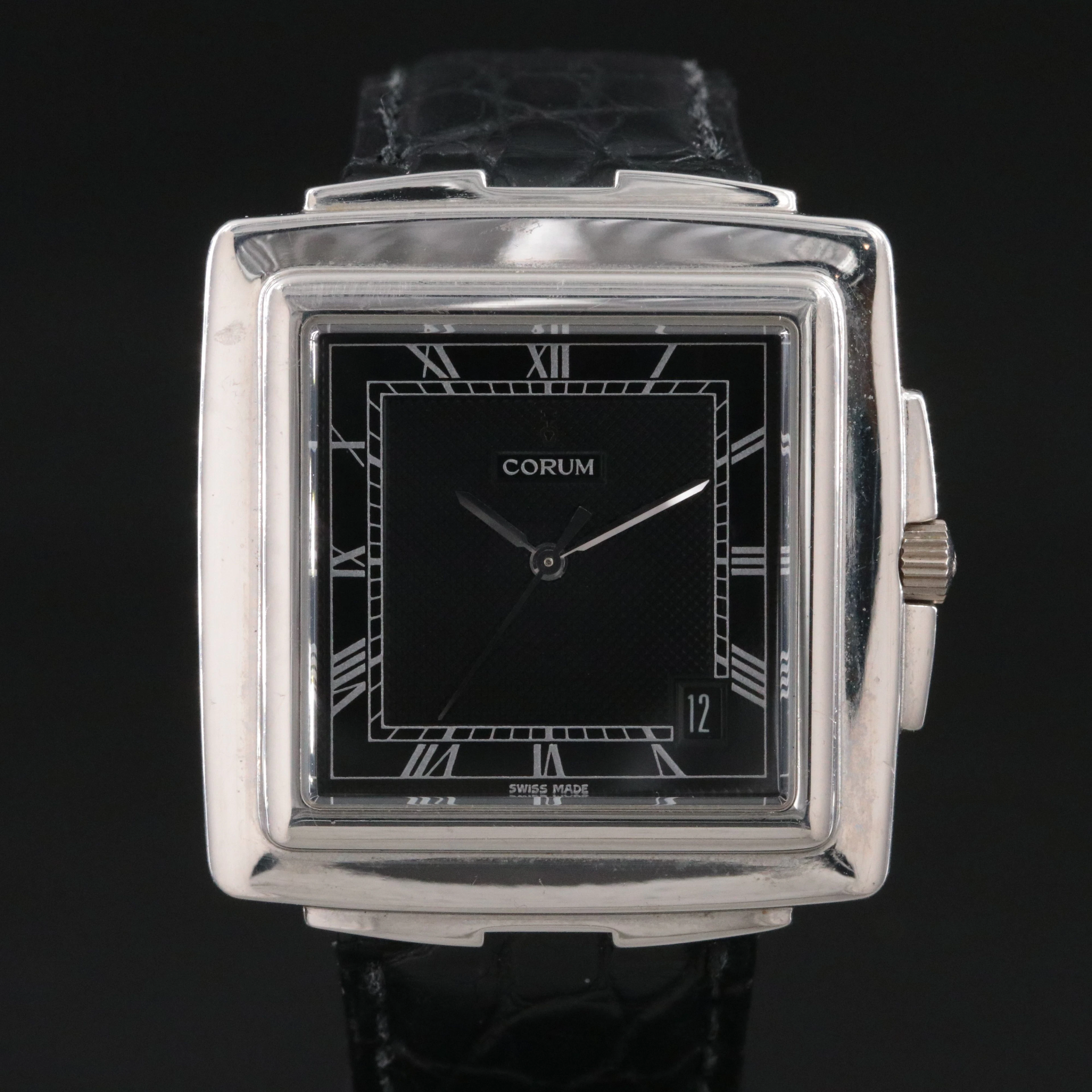 Corum Quadratus St. Steel Black Dial Date Quartz Watch Model 63.121.20