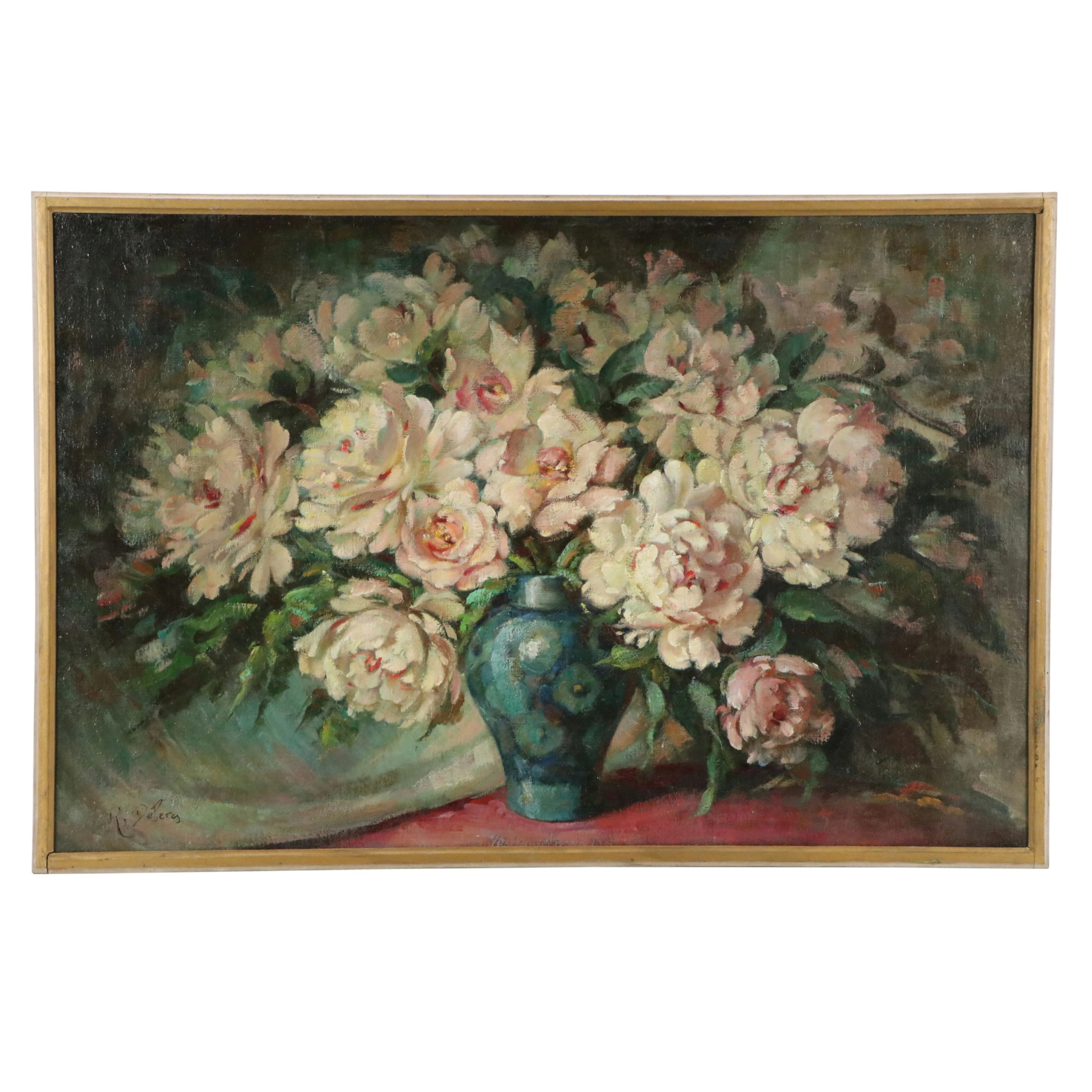 Stylized Still Life Oil Painting of Dusty Pink Peonies