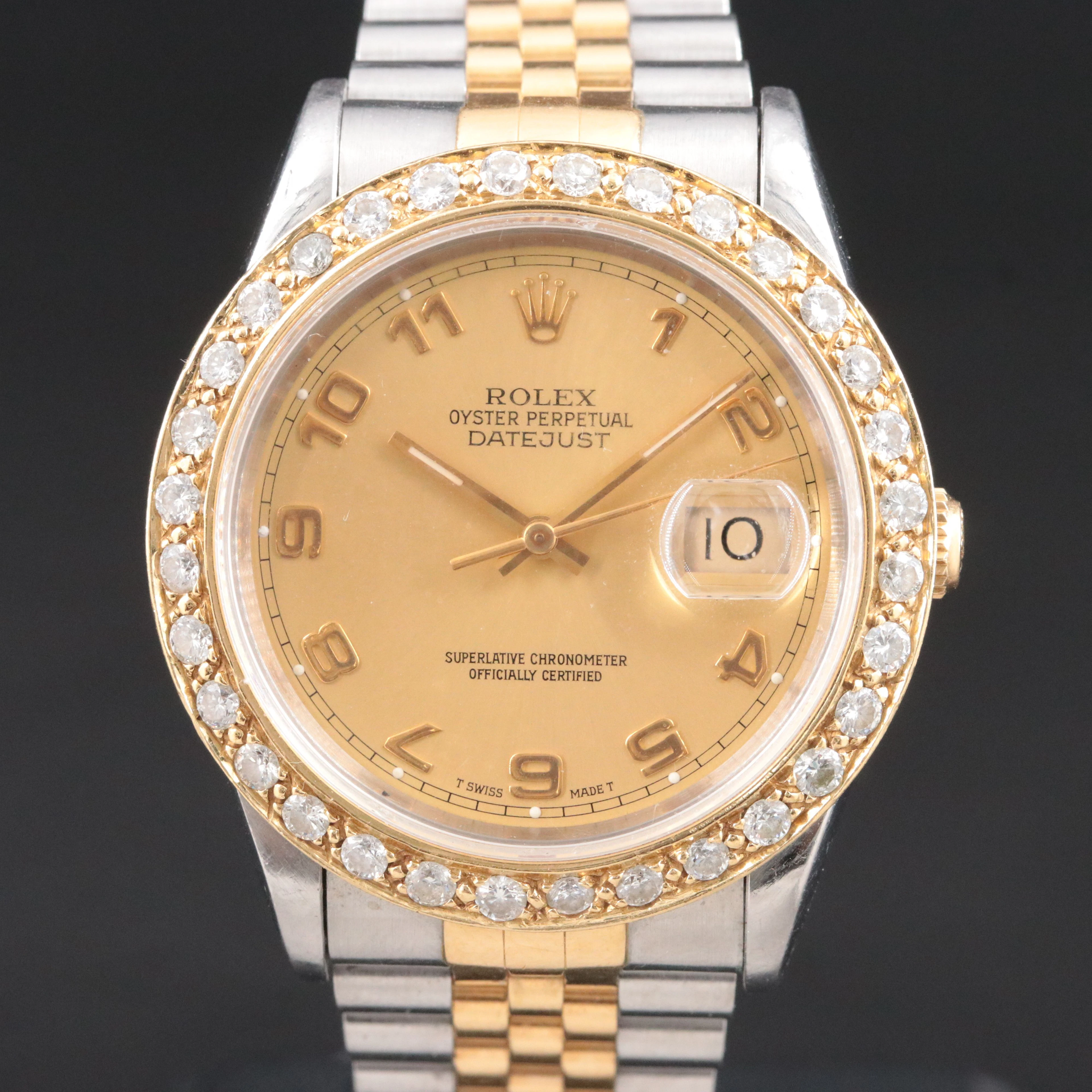 1991 Rolex Two Tone Custom 1.60 ctw. Diamond Bezel Datejust Model 16233 Watch