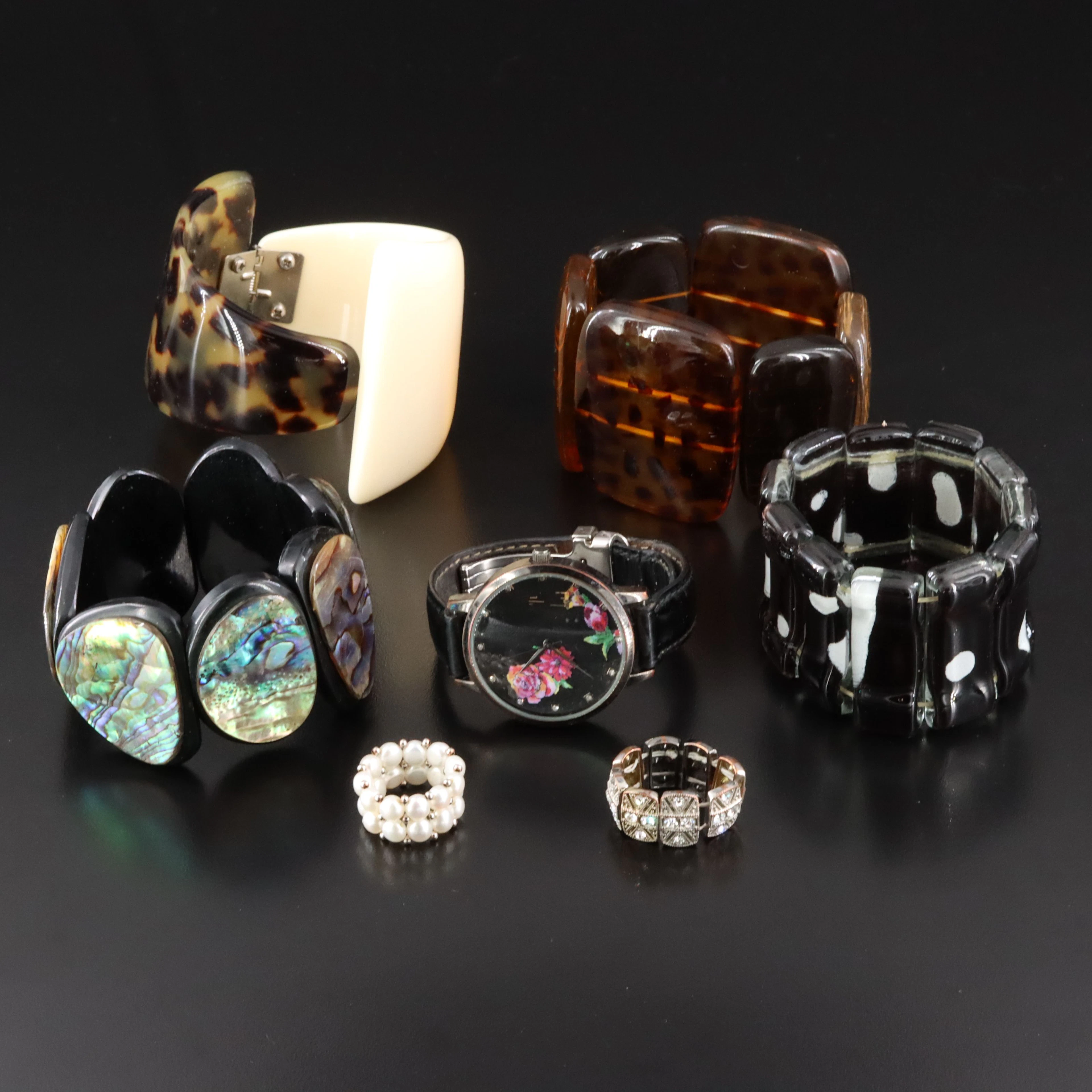 Bracelet, Ring & Watch Collection Including Abalone, Pearl & Art Glass