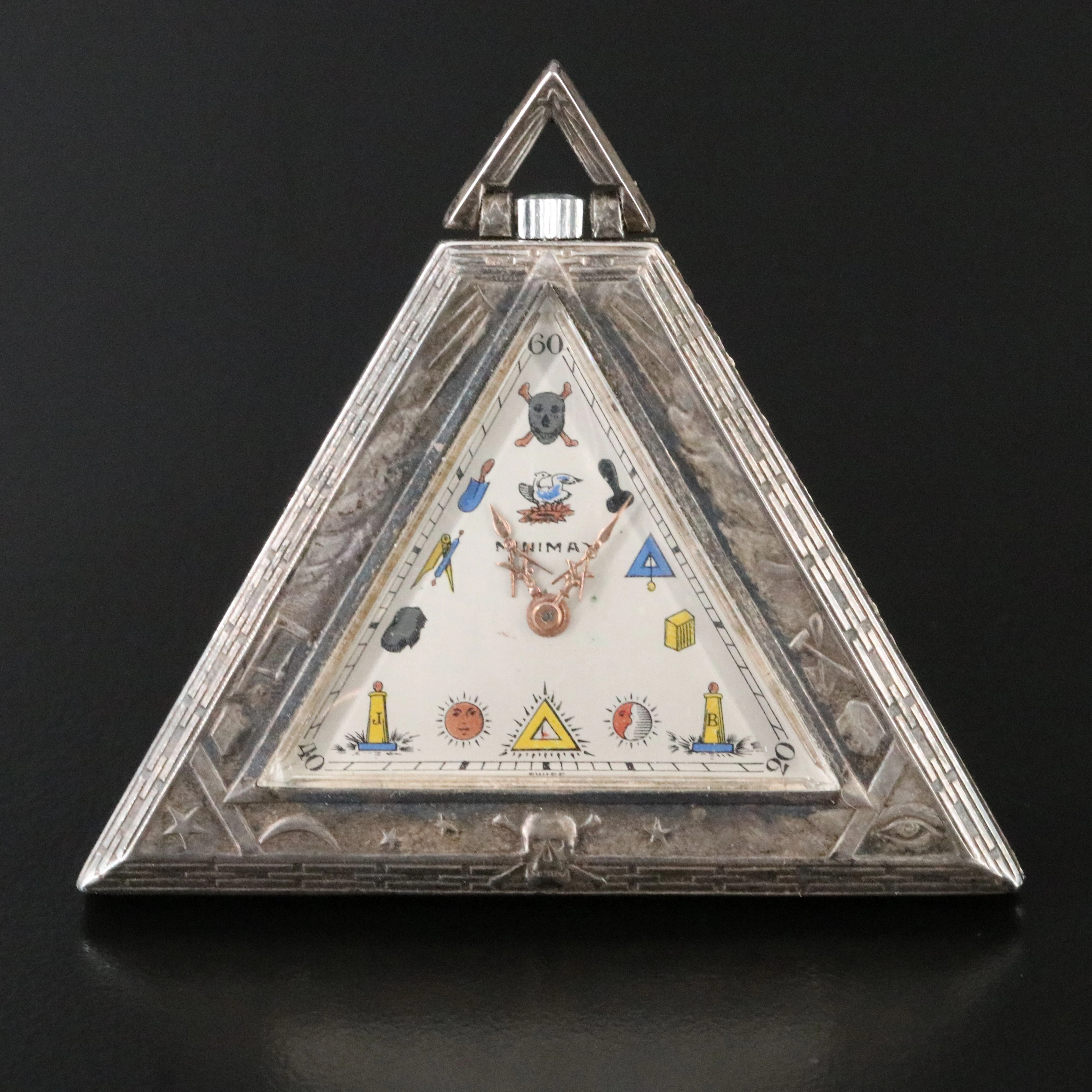 Masonic Sterling Silver Swiss Minimax Triangular Mechanical Pocket Watch