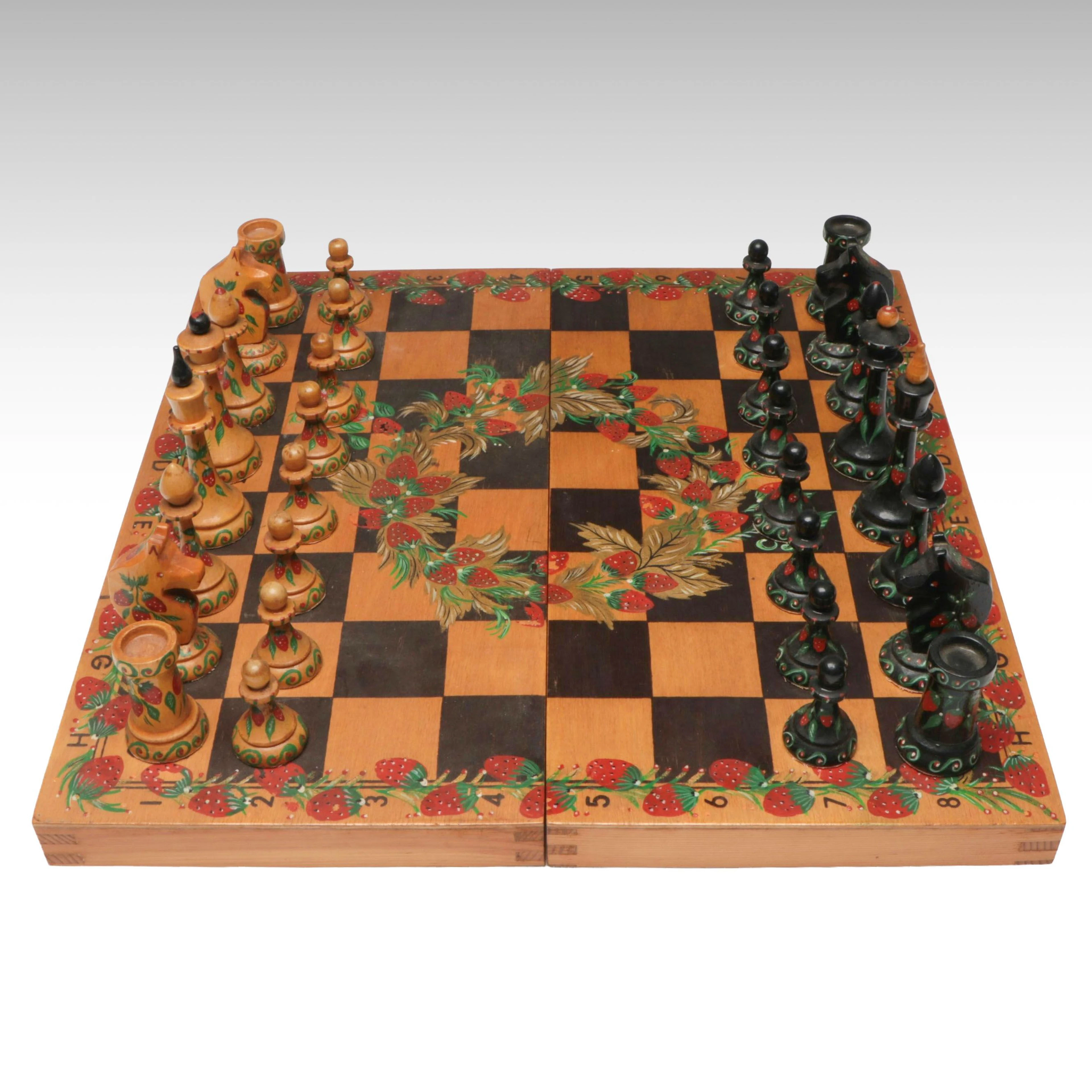 Hand-Painted Strawberry Motif Wood Chess Set