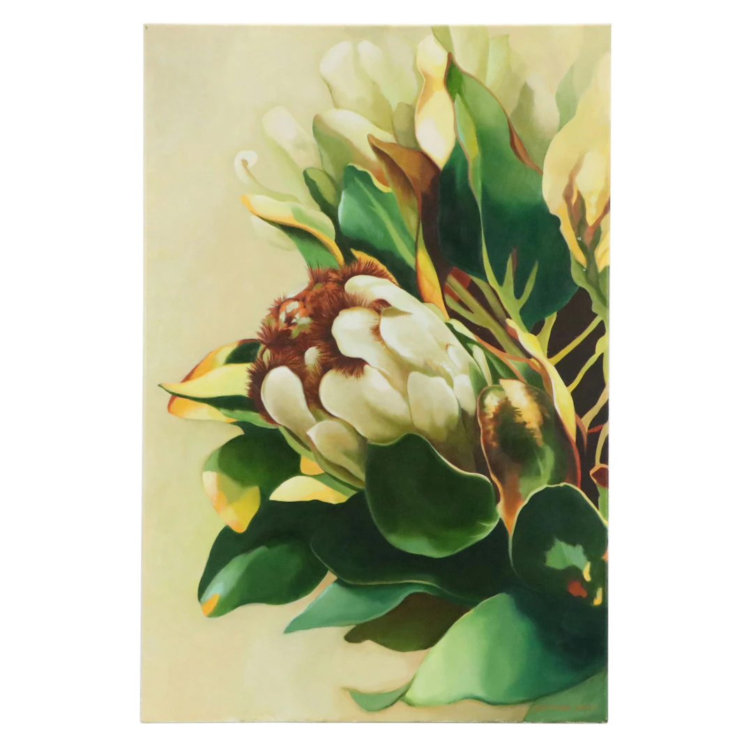 Jean Marie Bucich Botanical Oil Painting of Blooming Flower