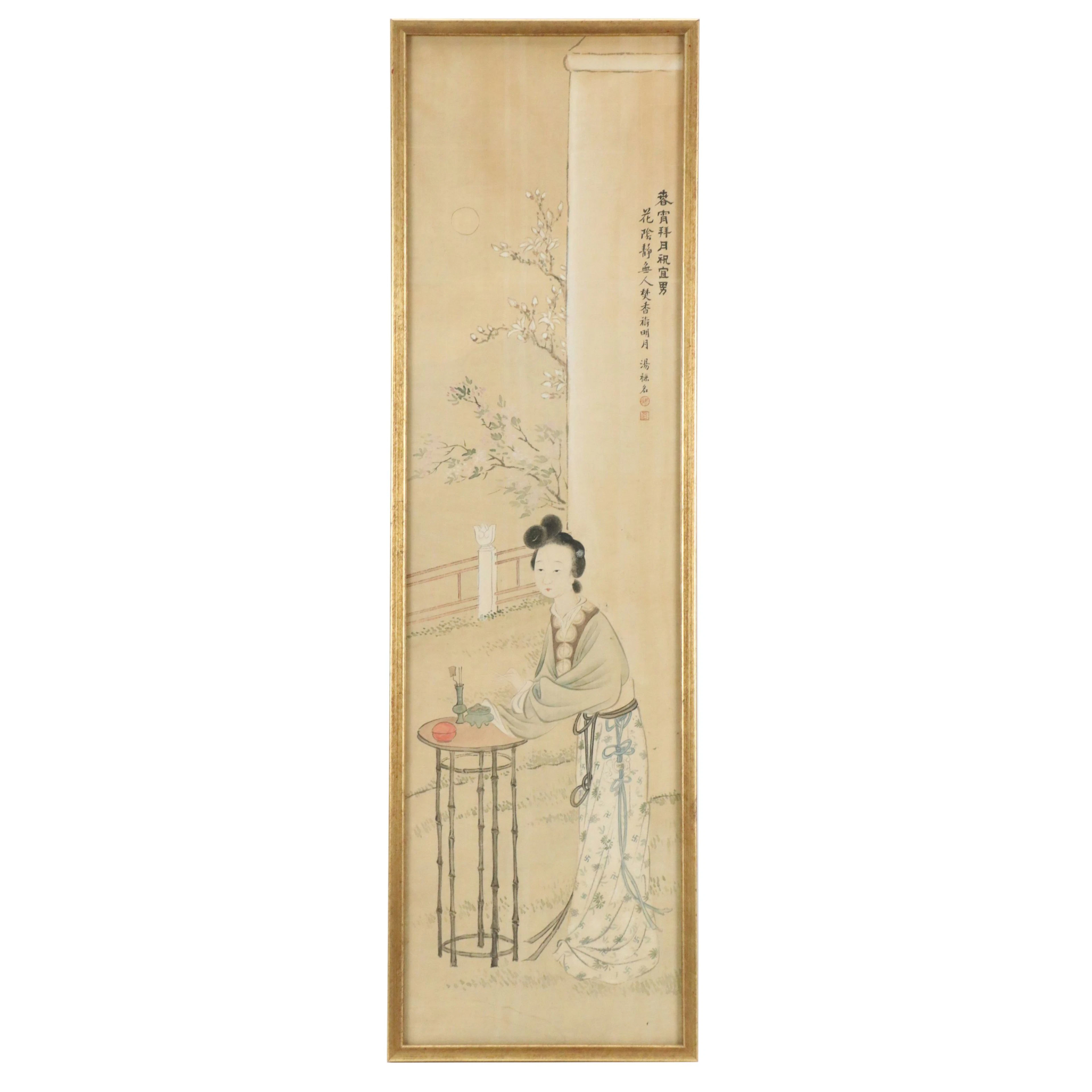 Tang Luming Ink and Gouache Painting of Woman Praying to the Moon, 19th Century