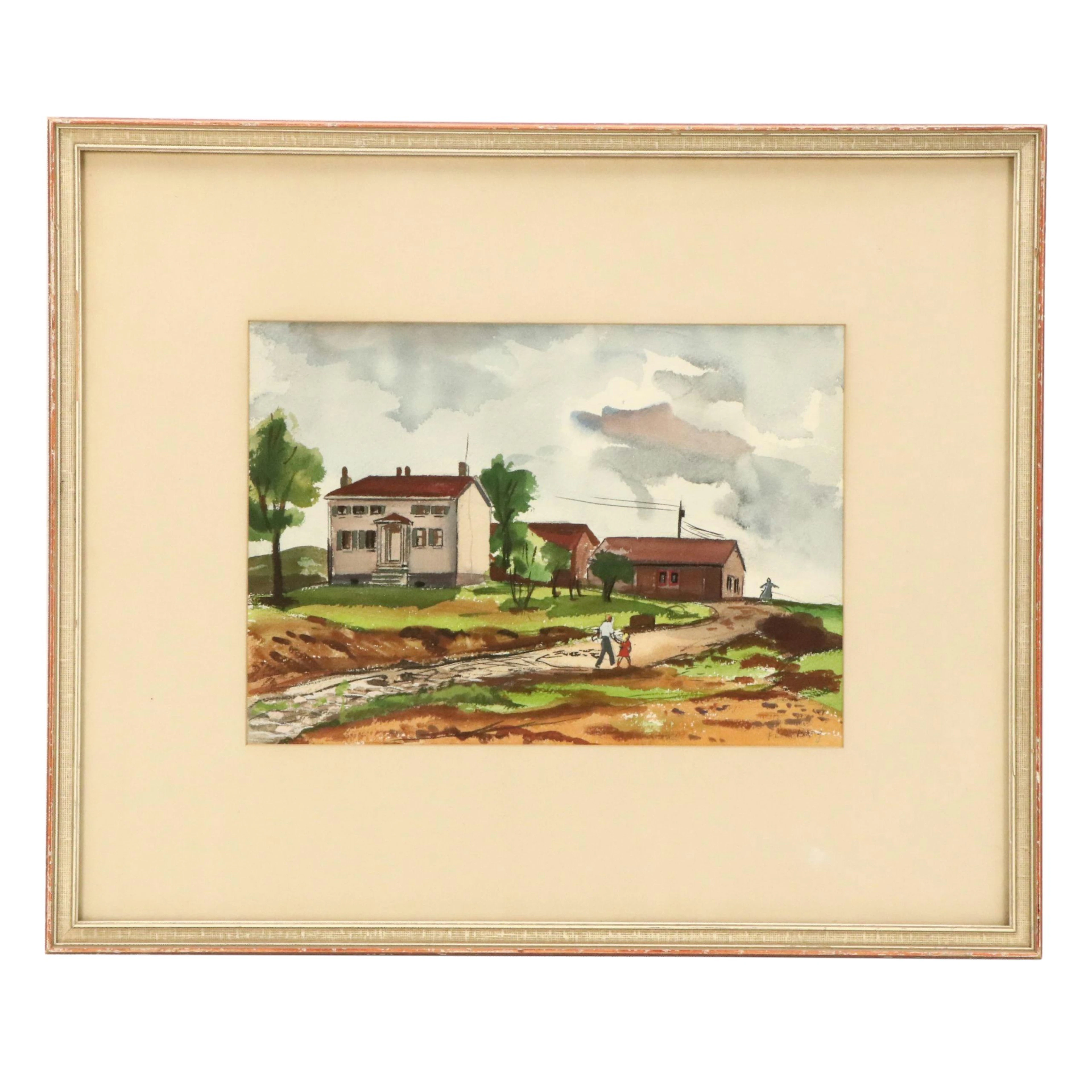 Floyd Berg Watercolor Painting of Residential Farm Landscape