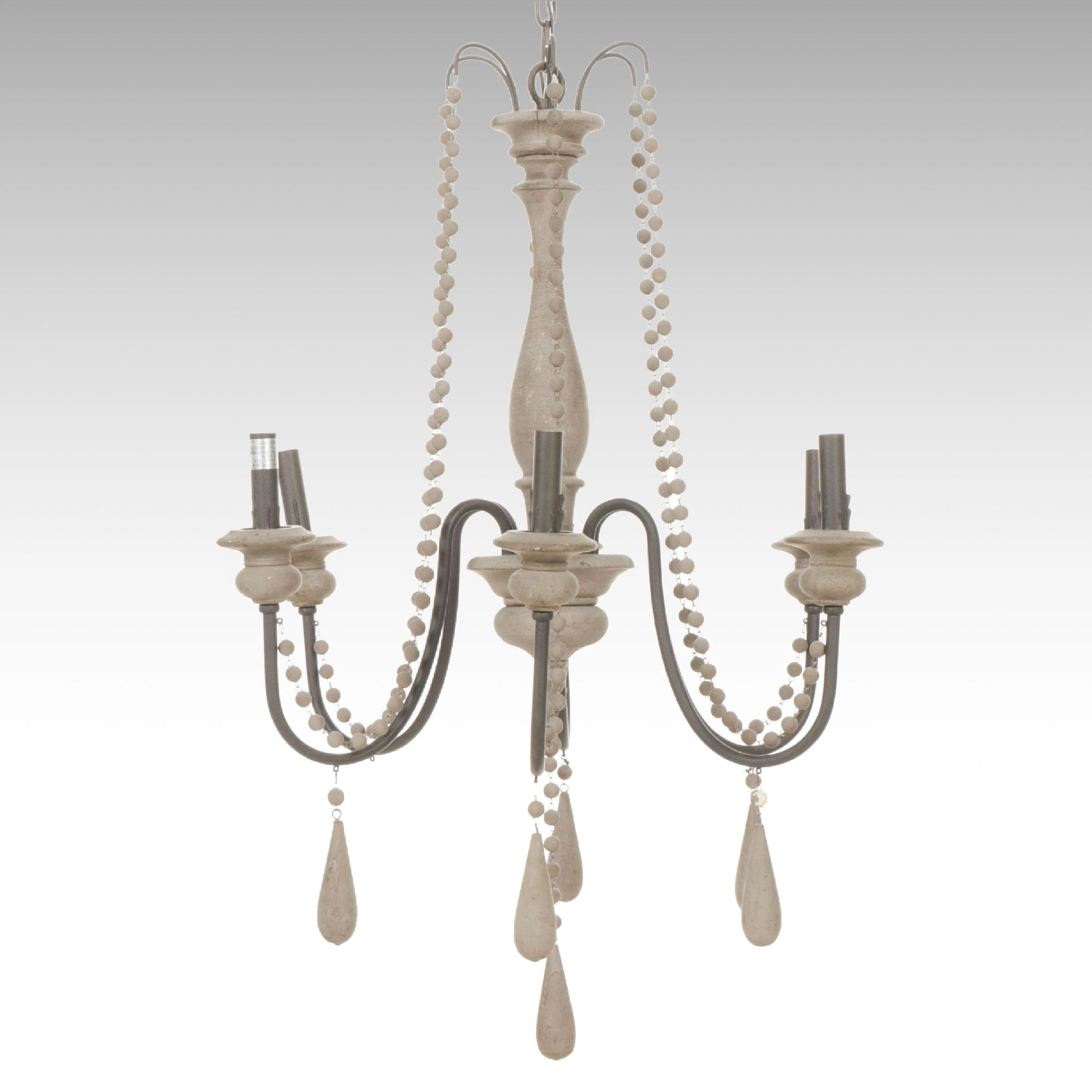 Rustic Farmhouse Style Six-Arm Chandelier with Wood Bead Garland, 2019