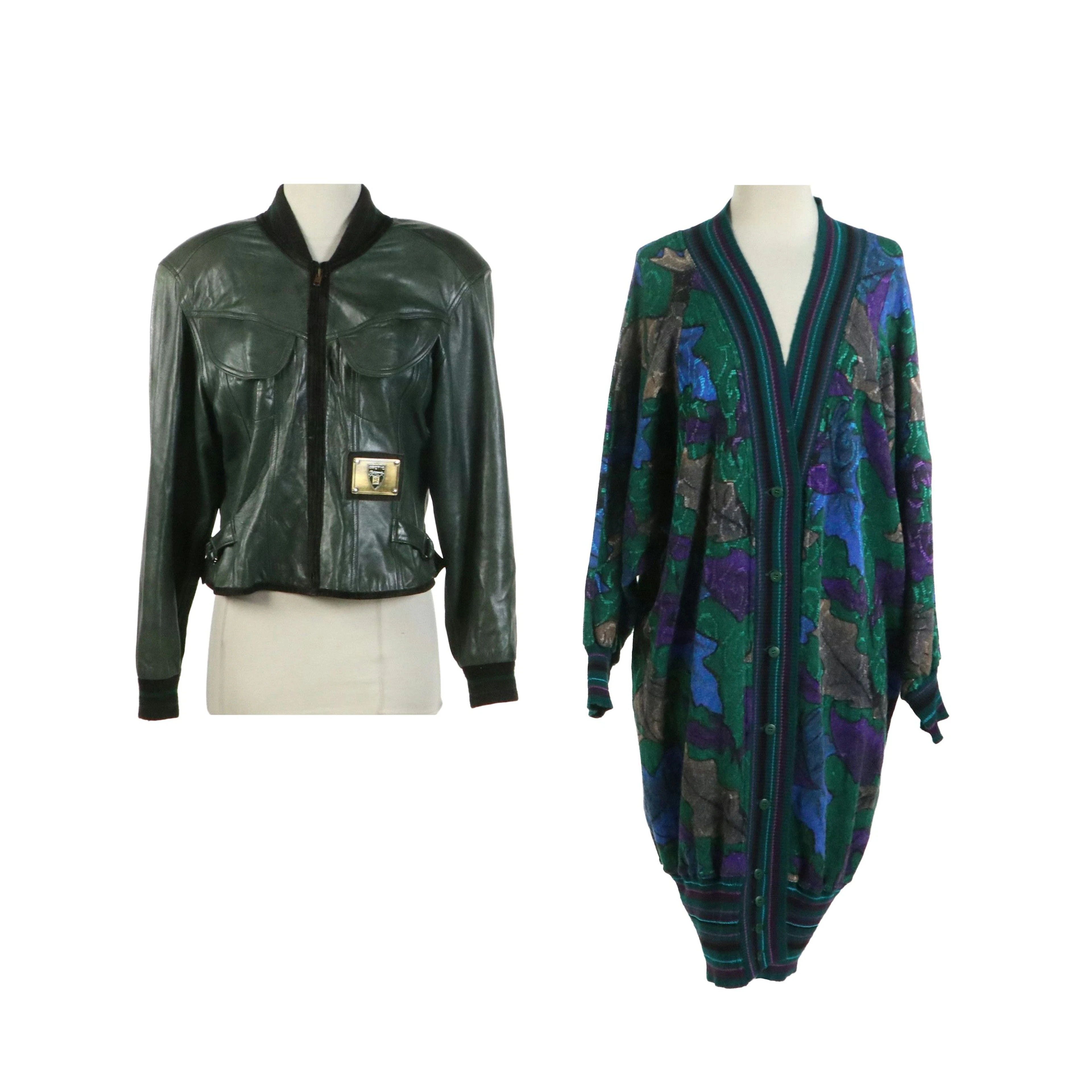 Arctic Outdoor Bomber Leather Jacket and Abstract Print Knit Cardigan