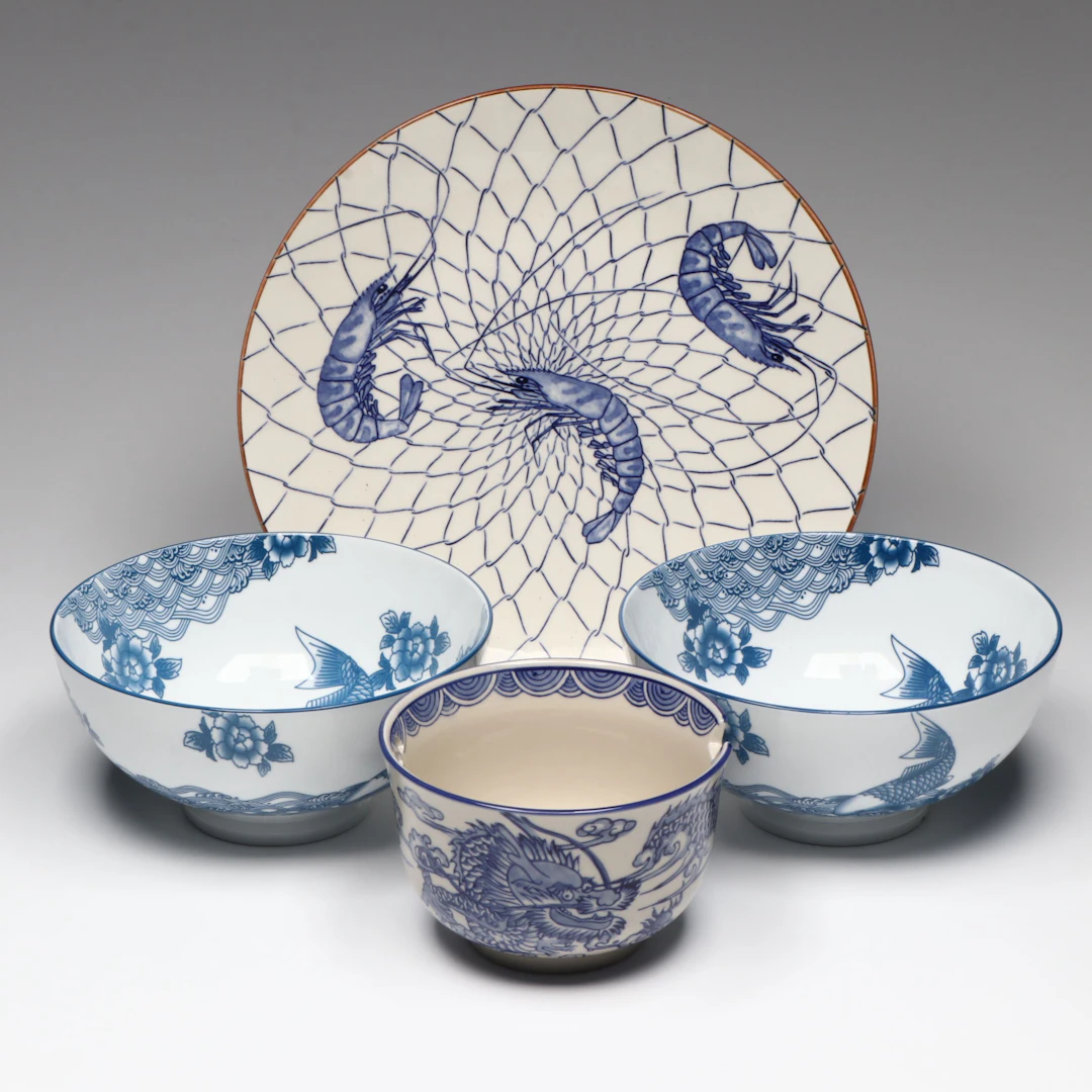 Japanese Shrimp Motif Porcelain Platter with More East Asian Style Bowls