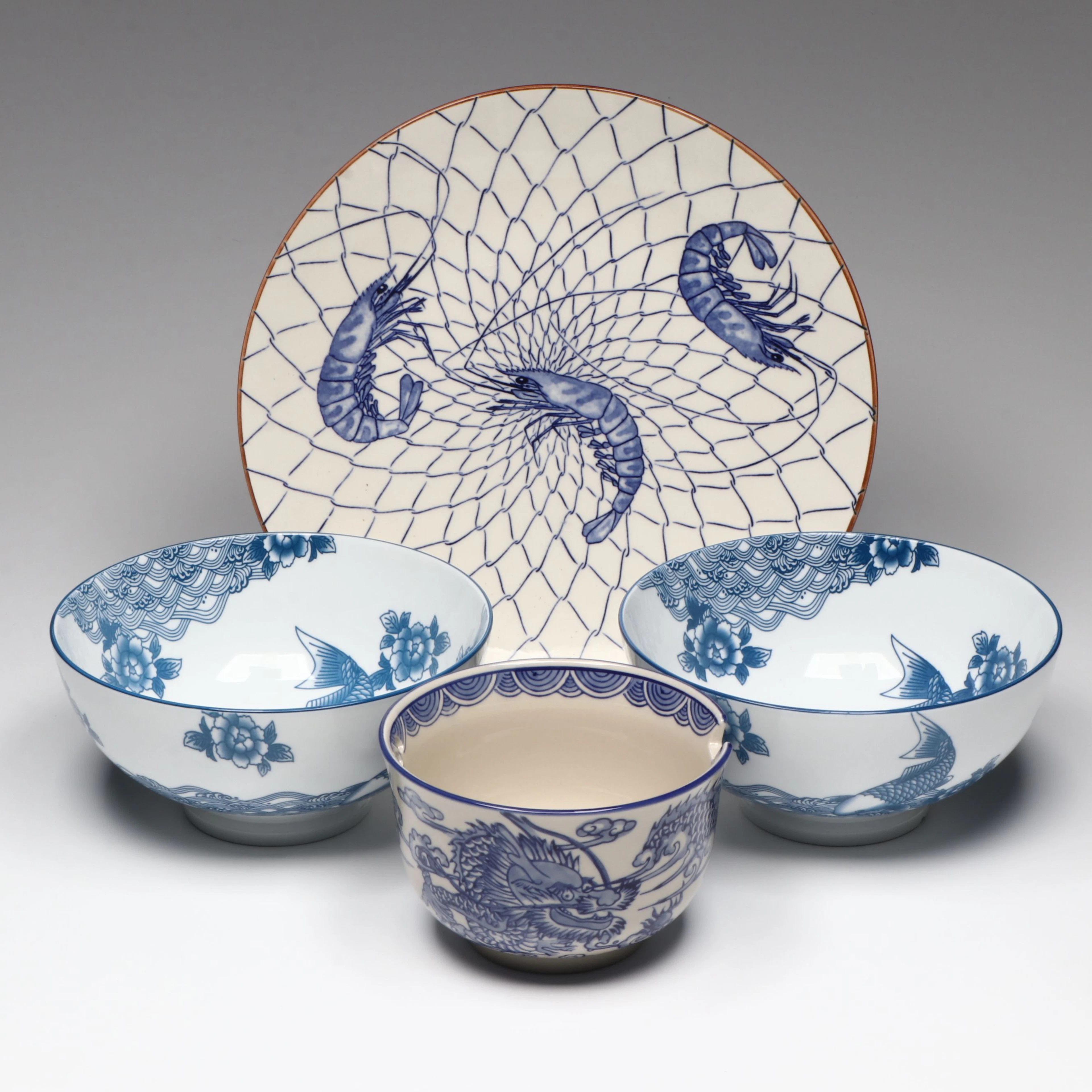 Japanese Shrimp Motif Porcelain Platter with More East Asian Style Bowls