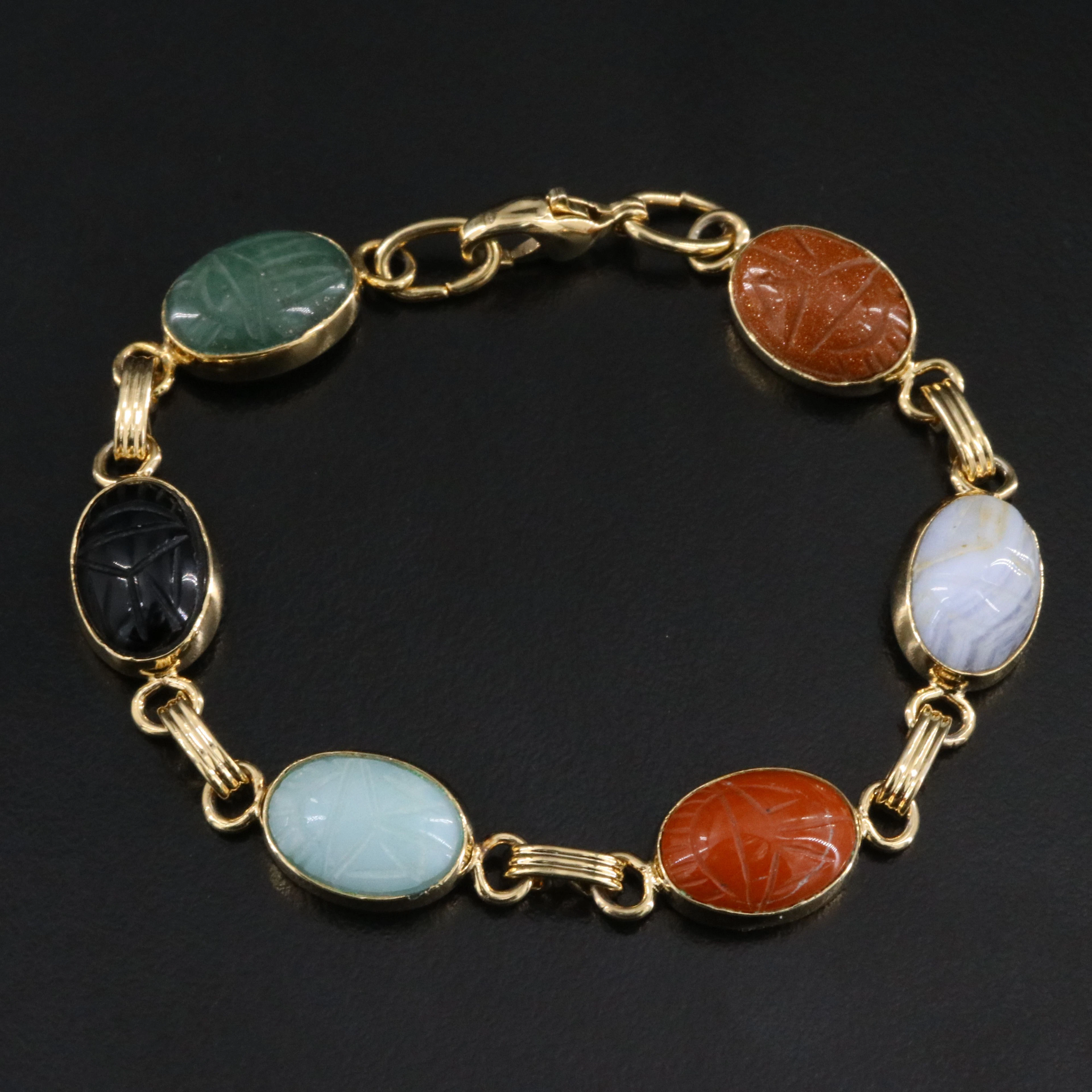 Scarab Bracelet Featuring Agate, Aventurine, and Black Onyx