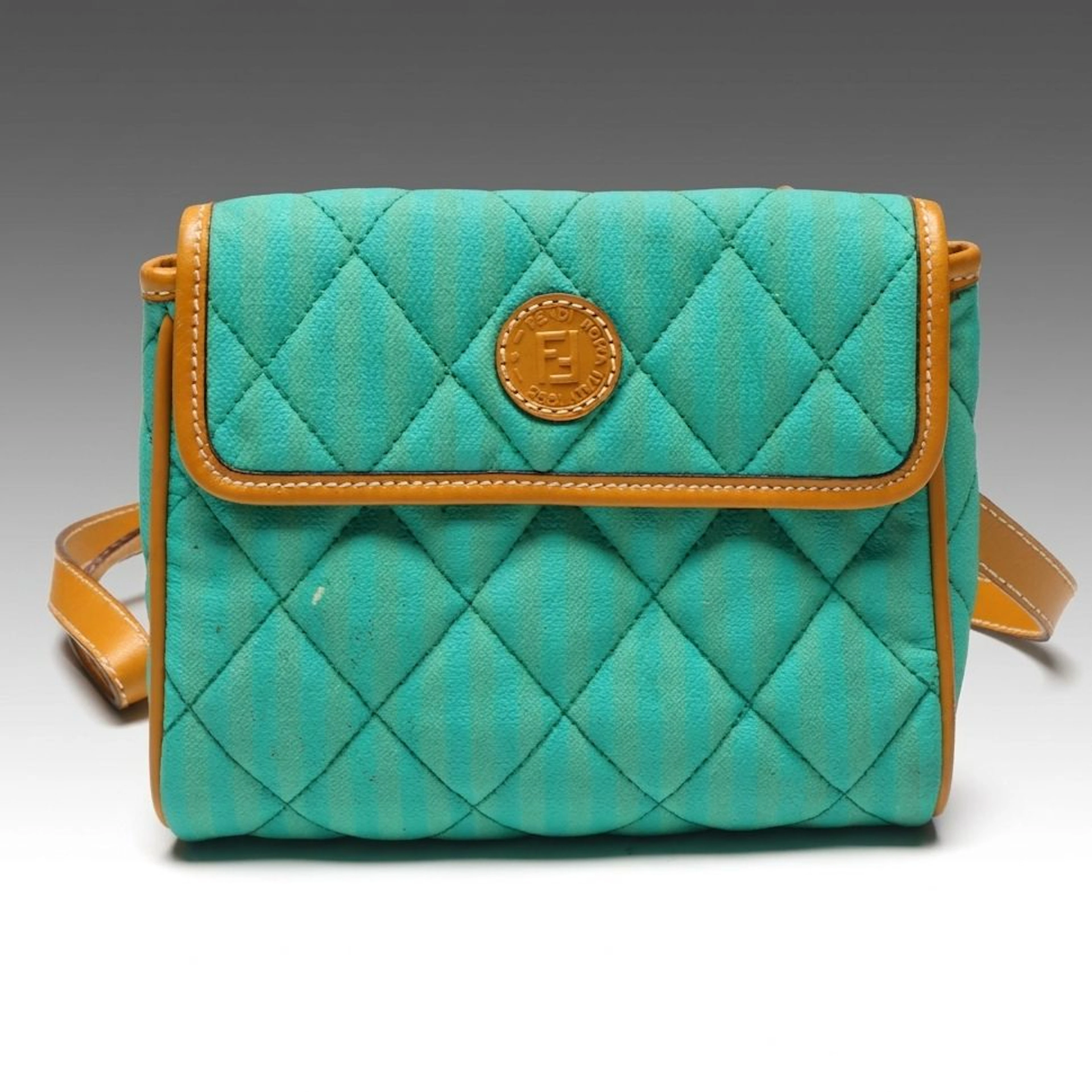 Fendi Penguin Stripe Quilted Crossbody Bag in Green with Brown Leather Trim