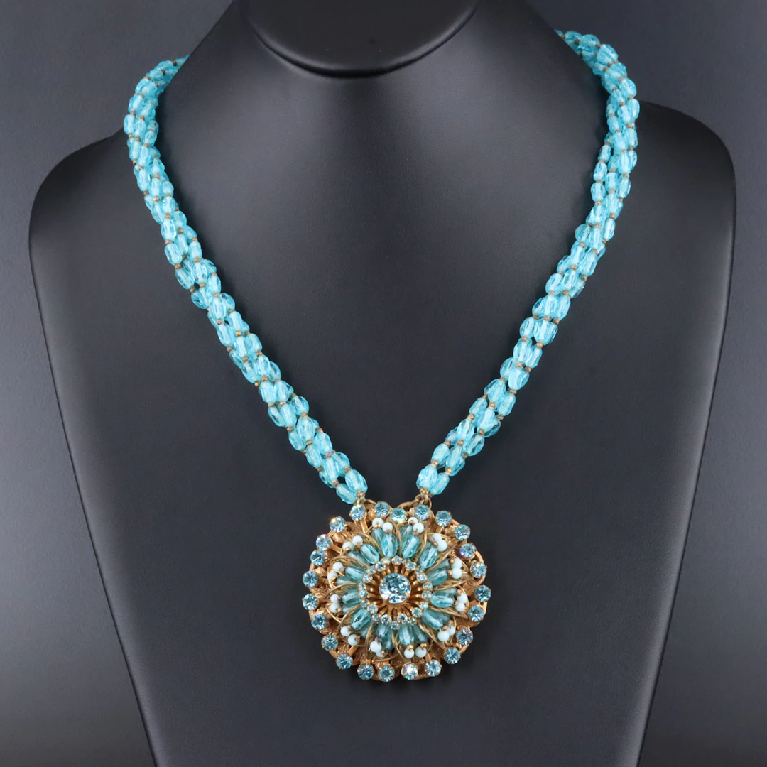 1950s Miriam Haskell Blue Glass and Rhinestone Necklace