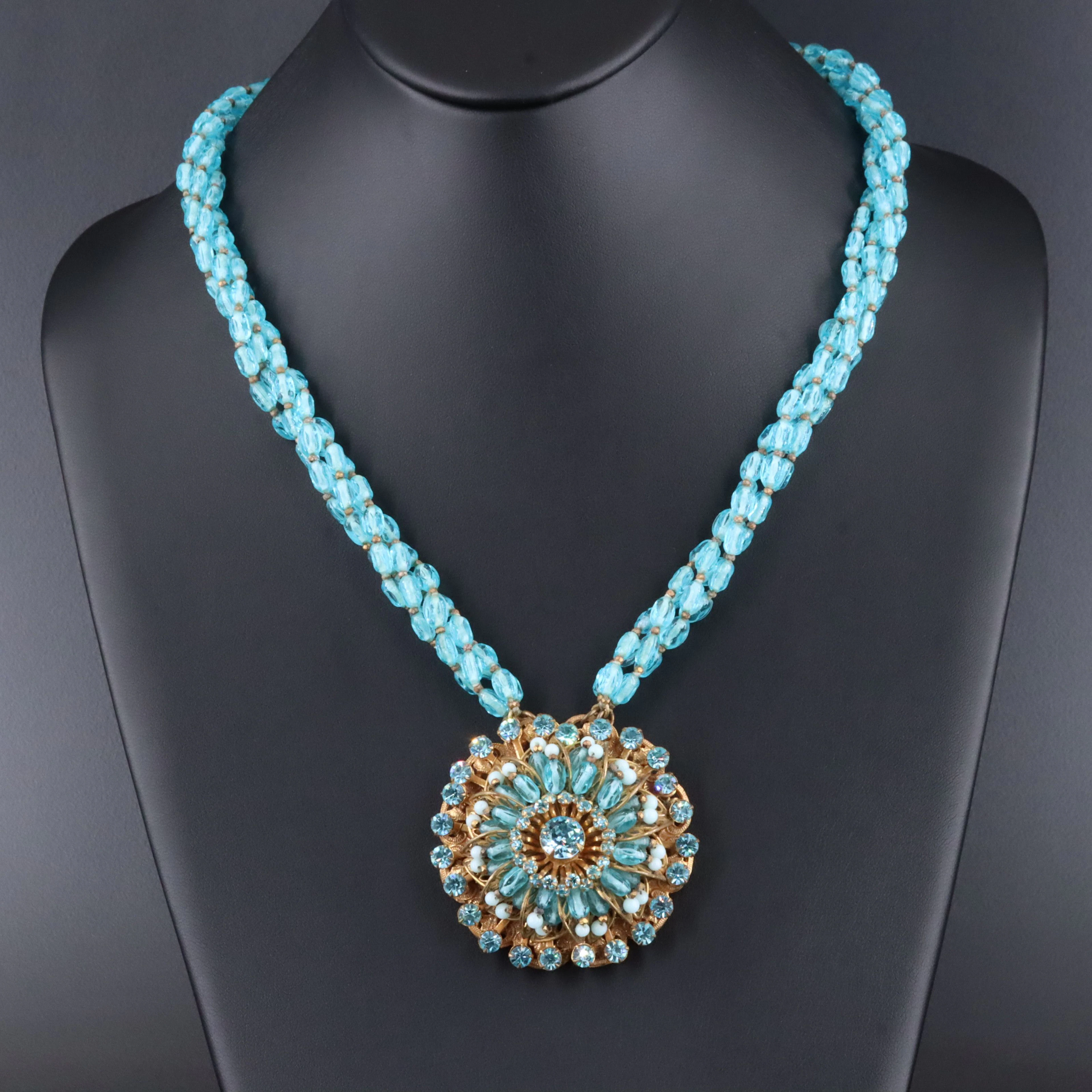 1950s Miriam Haskell Blue Glass and Rhinestone Necklace