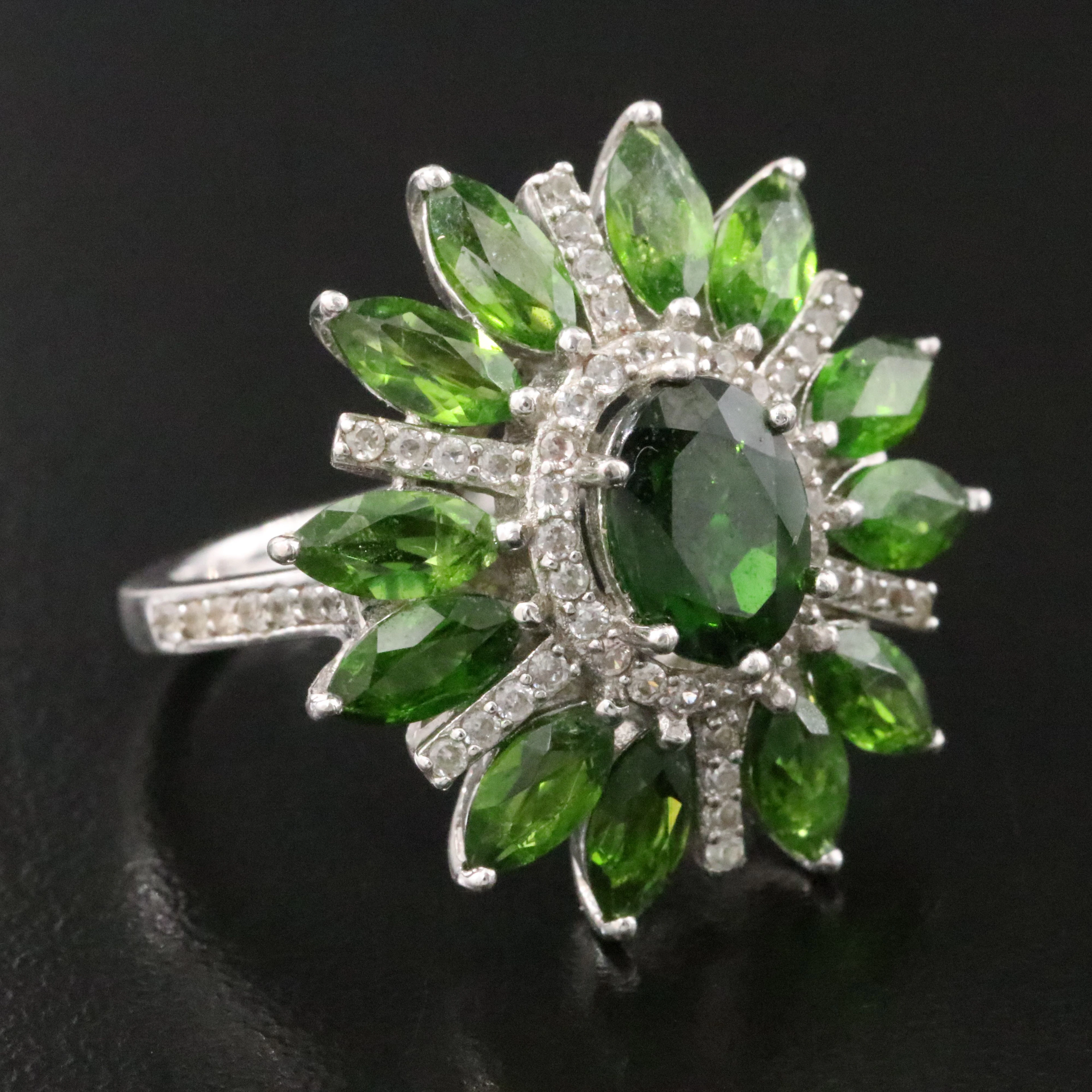 Sterling Chrome Diopside and CZ Floral Ring