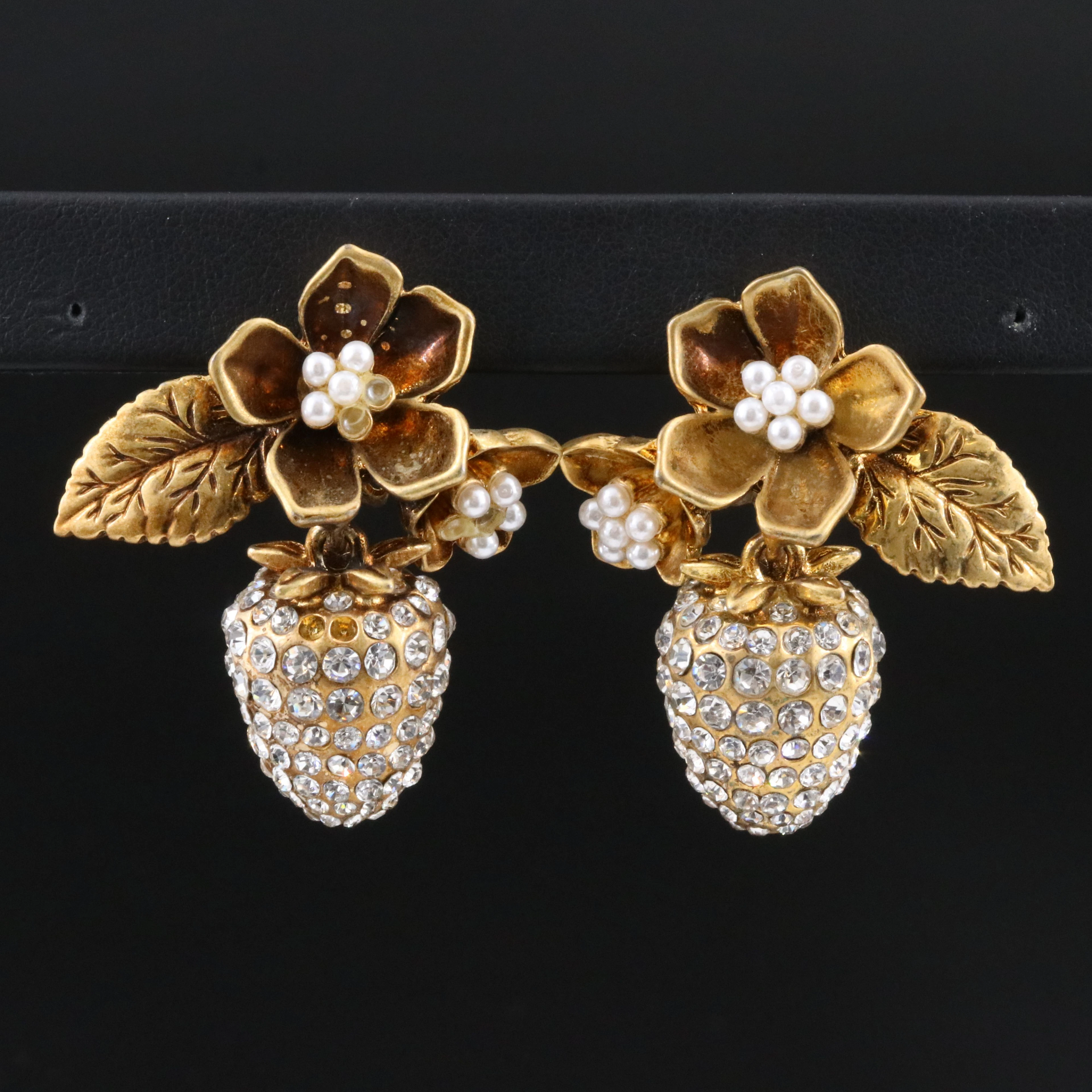 Oscar de la Renta Floral Stawberry Crystal Clip Earrings